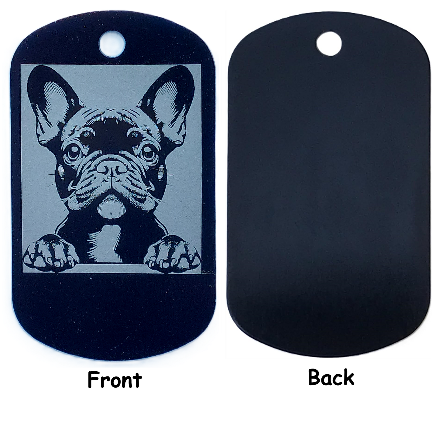 Dog tag with a French Bulldog illustration on one side and a blank backside.