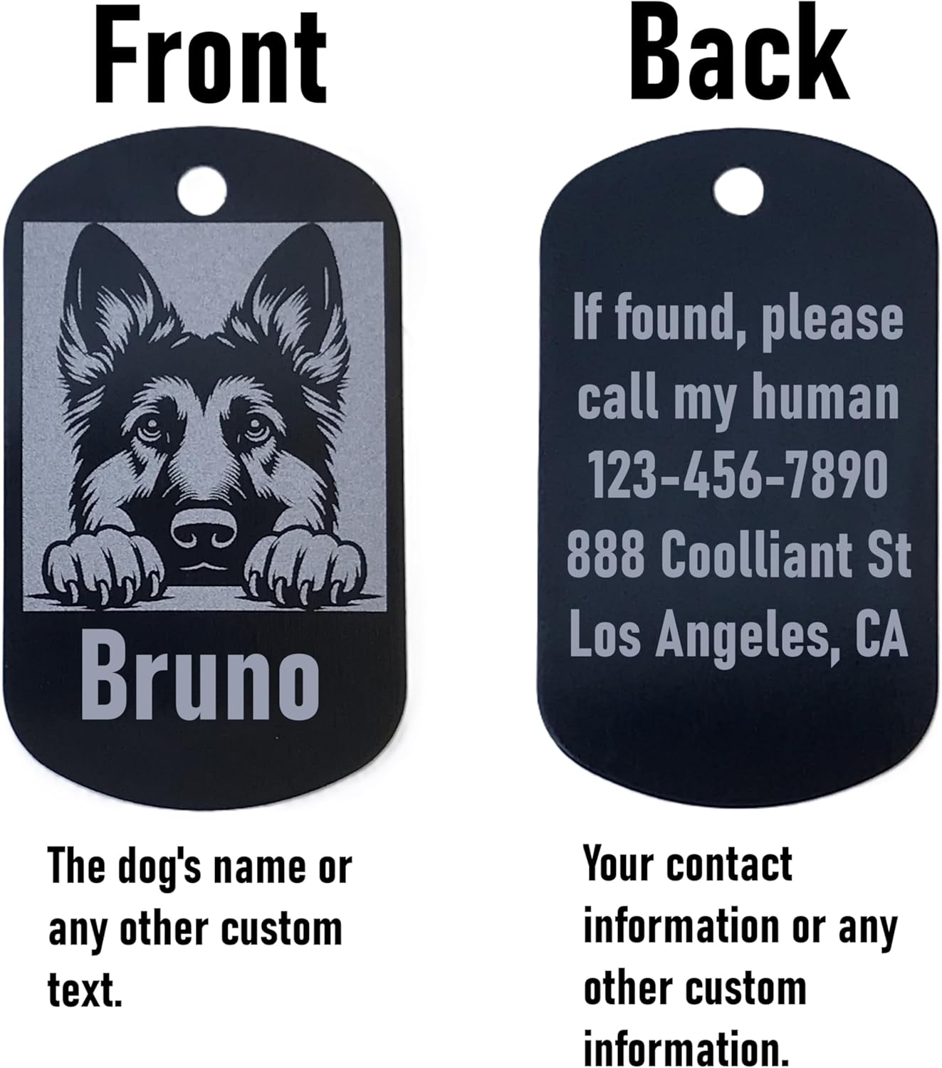 Dog tag with front and back views showing a German Shepherd illustration and customizable text.