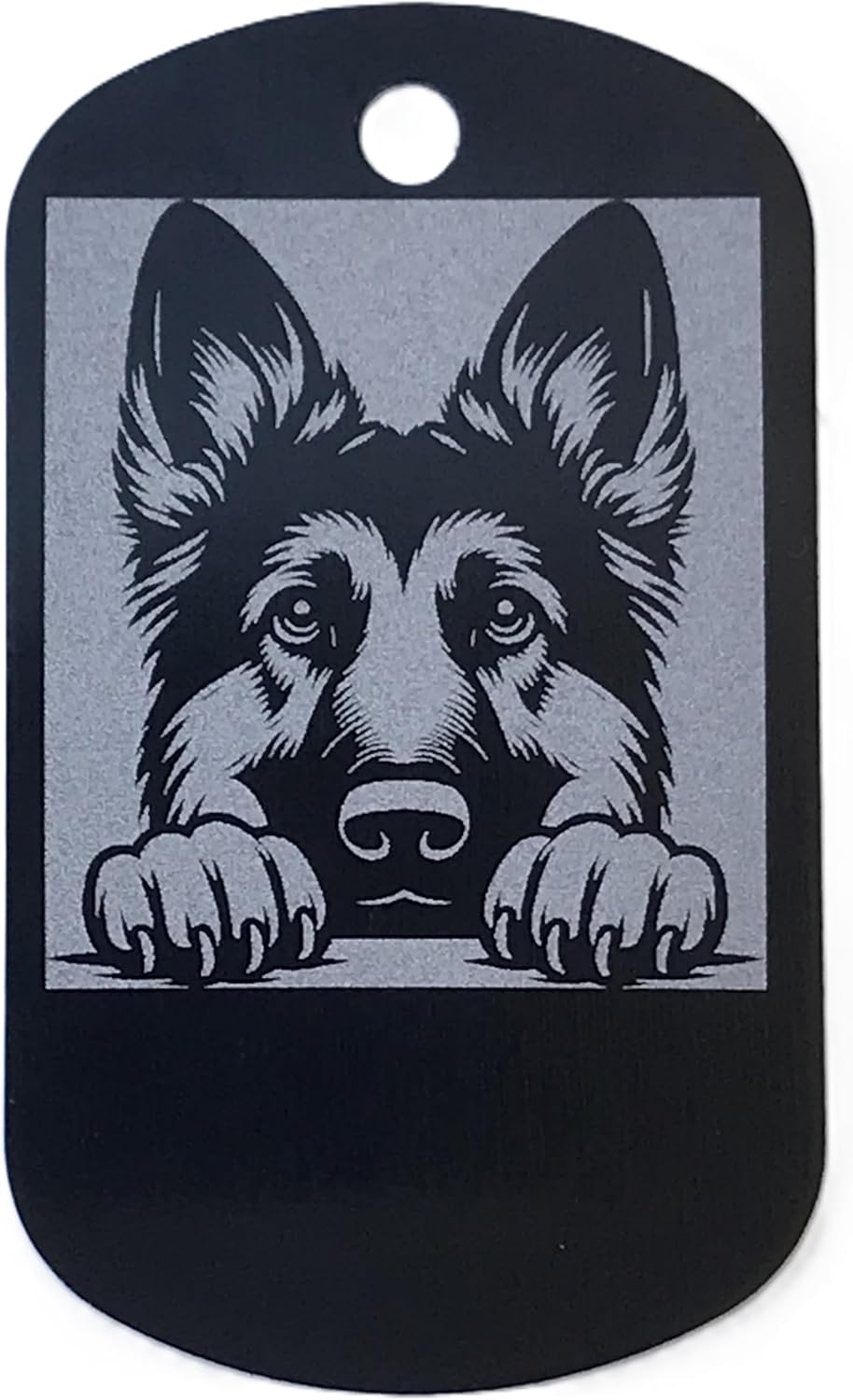 Dog id tag with a black and white illustration of a German Shepherd on a white background
