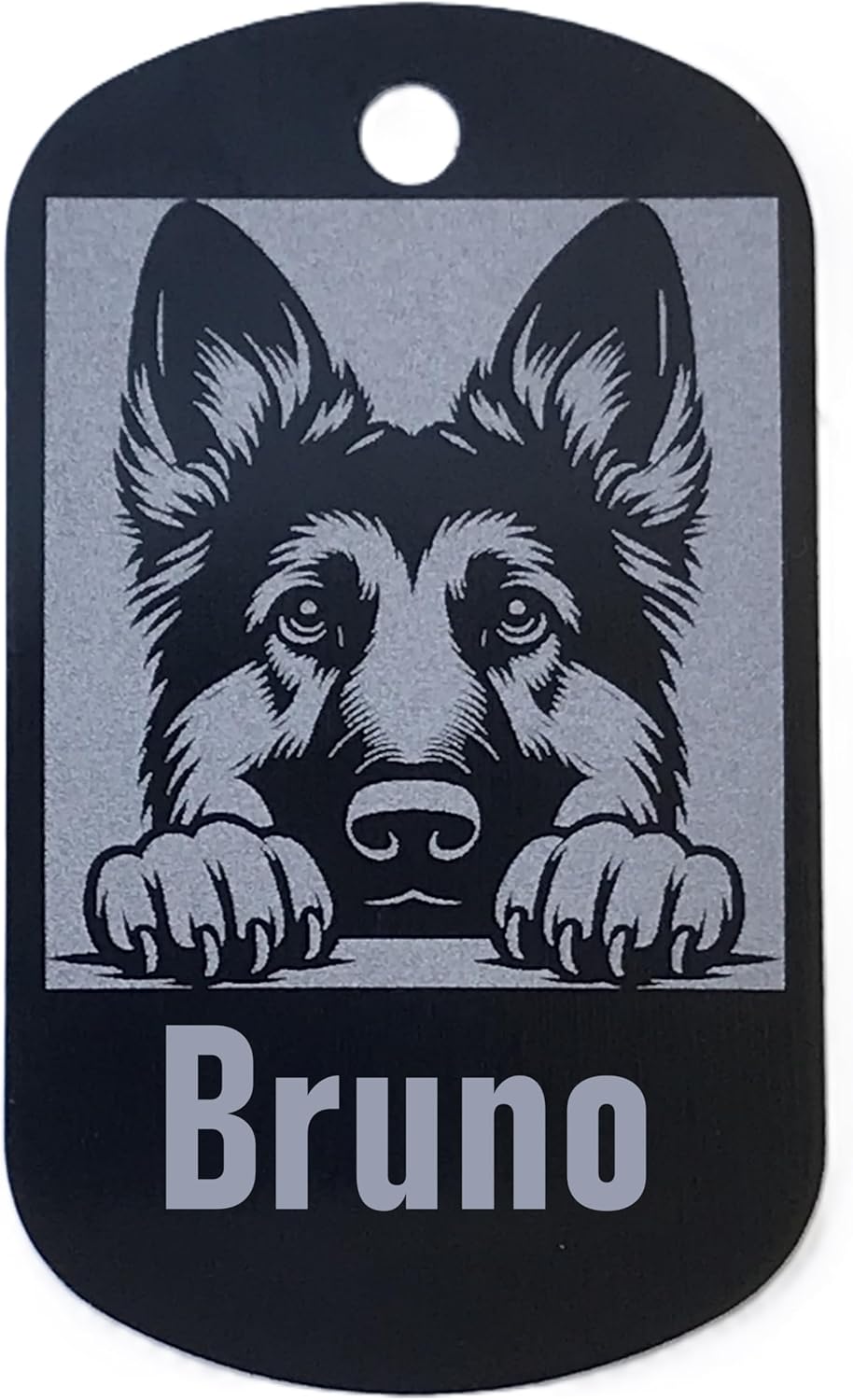 Military style dog id tag with a German Shepherd design and the name 'Bruno' on a black background