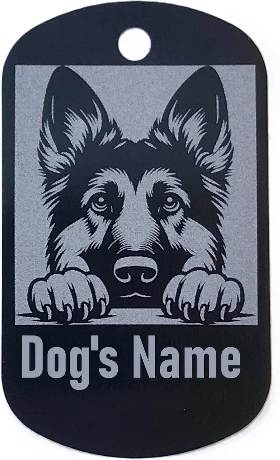 Military style Dog name tag with a German Shepherd design and space for 'Dog's Name' text on a black background.