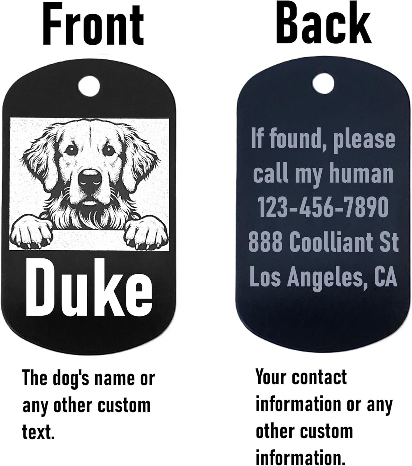 Military style dog id tag with front and back views showing a dog illustration and customizable text.