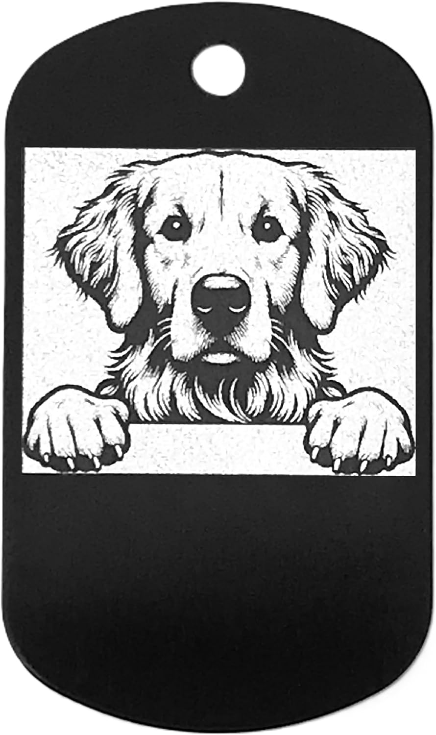 Black military style dog tag with a white illustration of a golden retriever's face.