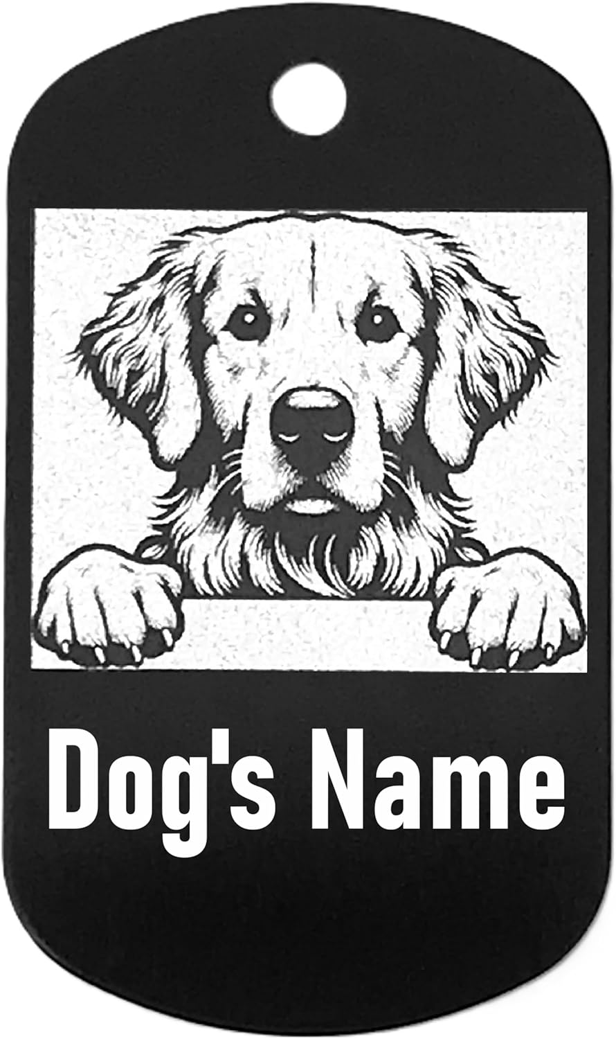 Black military style dog name tag with a white dog illustration and space for 'Dog's Name'.