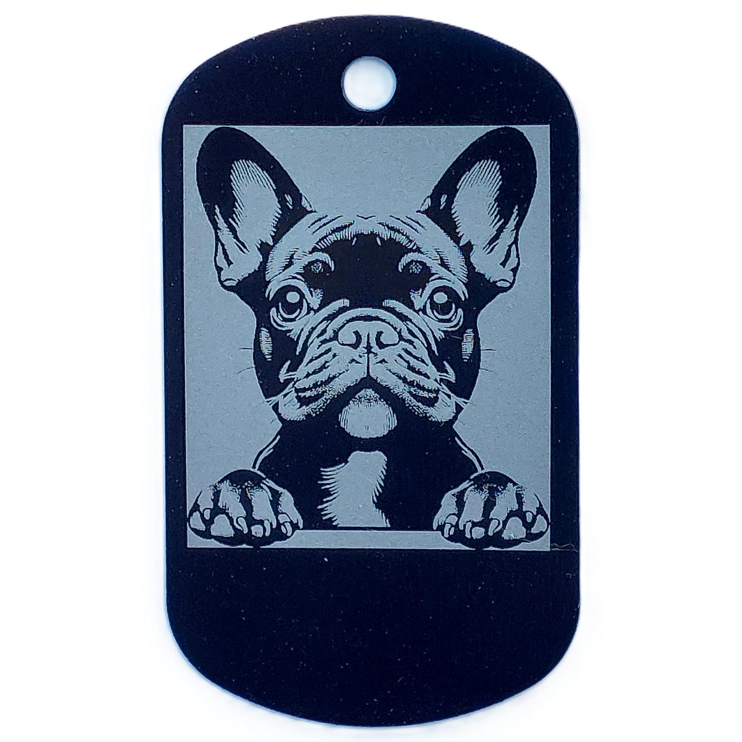 Black dog id tag with a engraved image of a French Bulldog on a white background