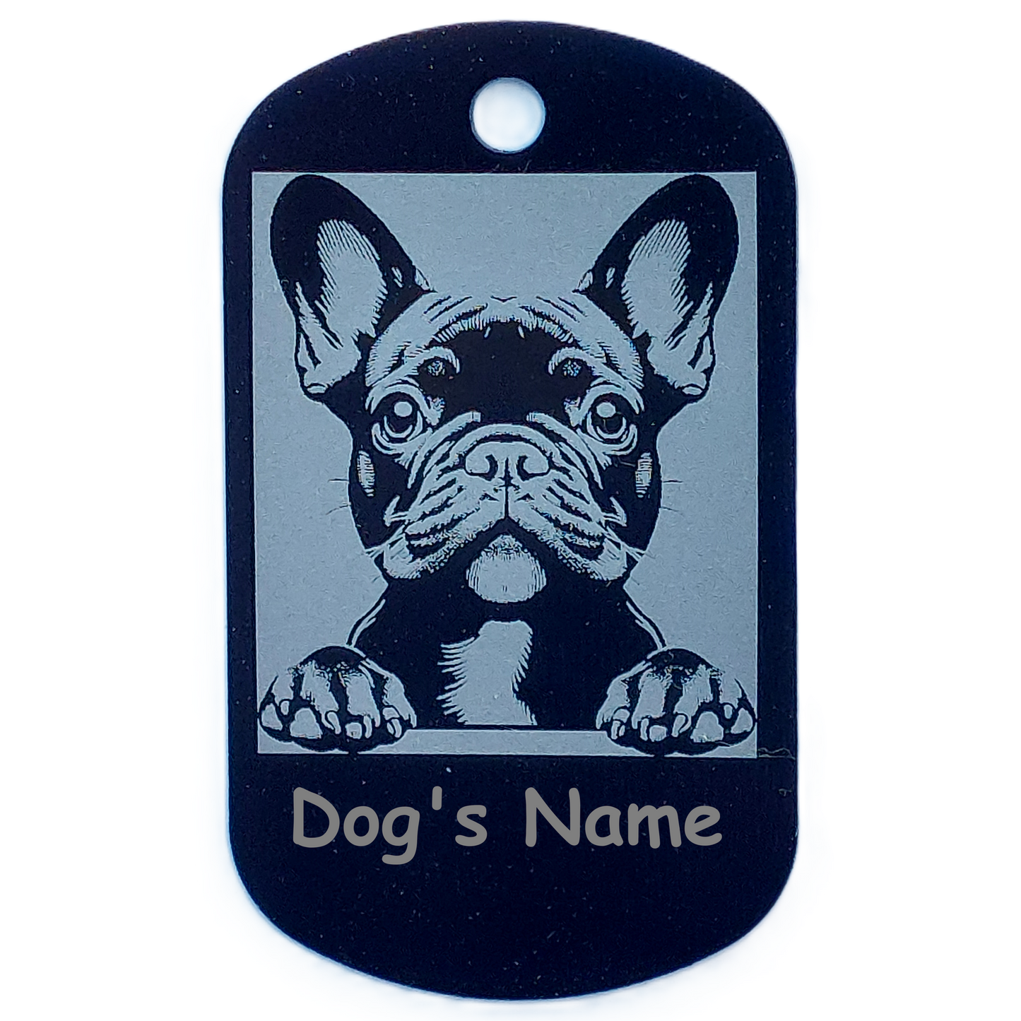 Black dog tag with a French Bulldog illustration and space for 'Dog's Name' text on a white background.