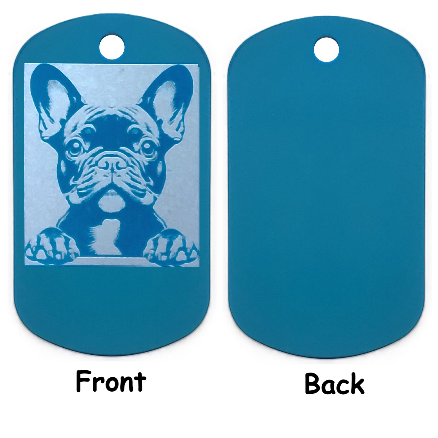 Blue dog tag with a French Bulldog illustration on the front and plain back