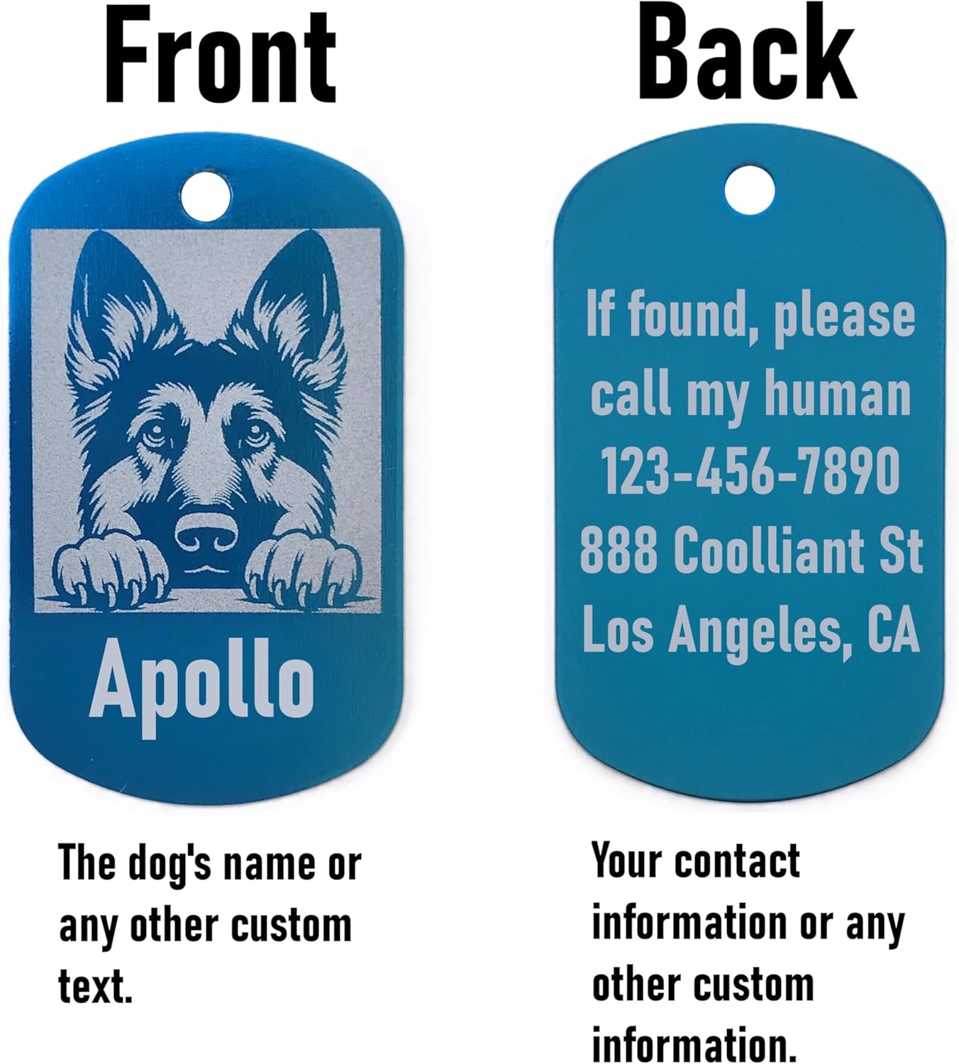 Blue dog name tag with front and back views showing a dog illustration and customizable text.