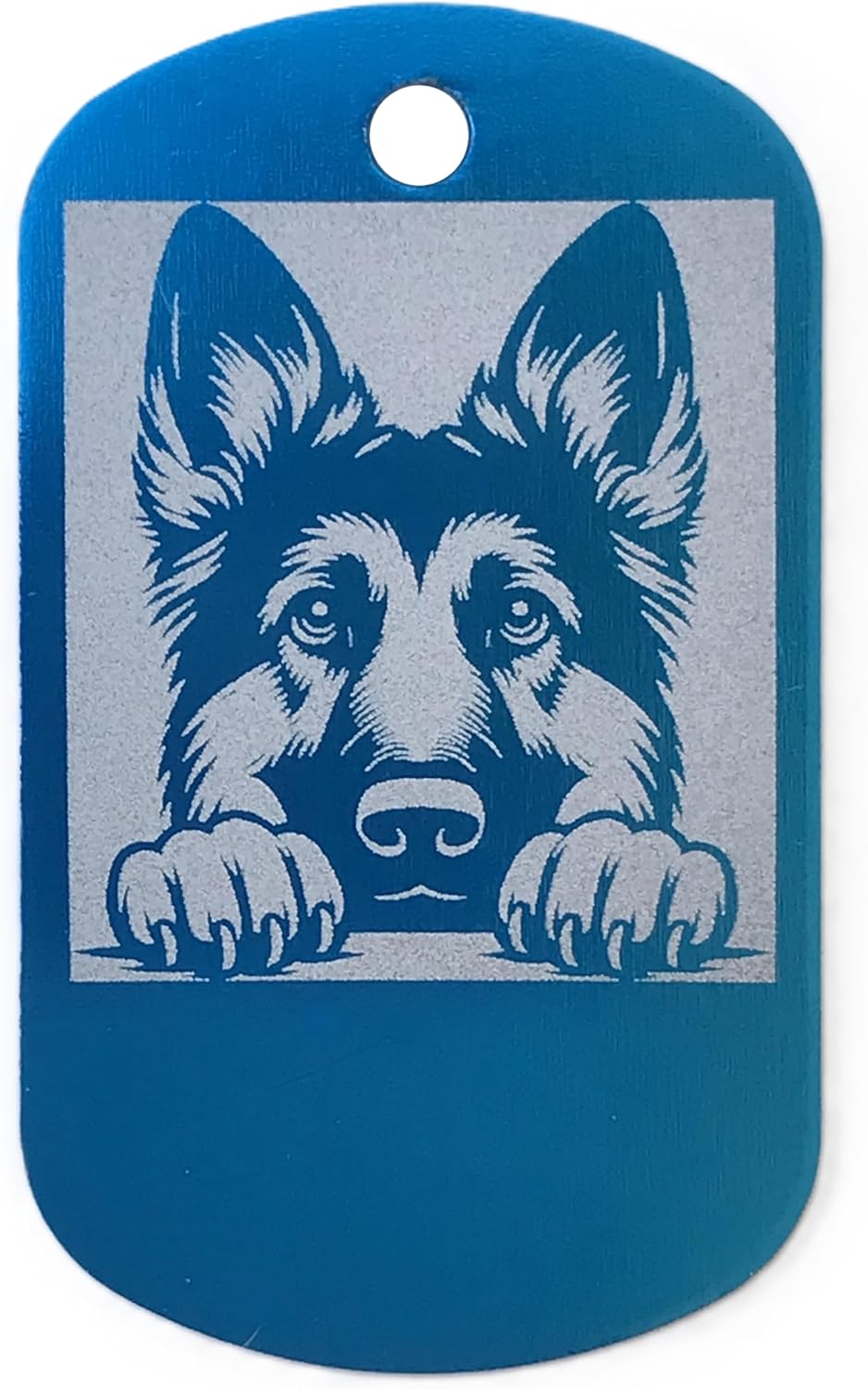 Blue dog tag with a German Shepherd design on a white background