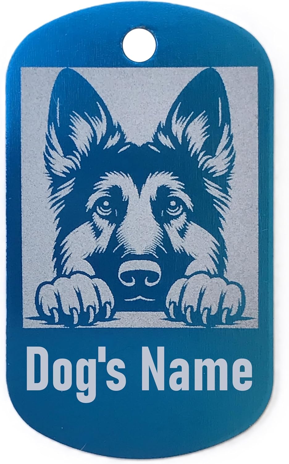 Blue military style dog id tag with a German Shepherd illustration and space for 'Dog's Name'.