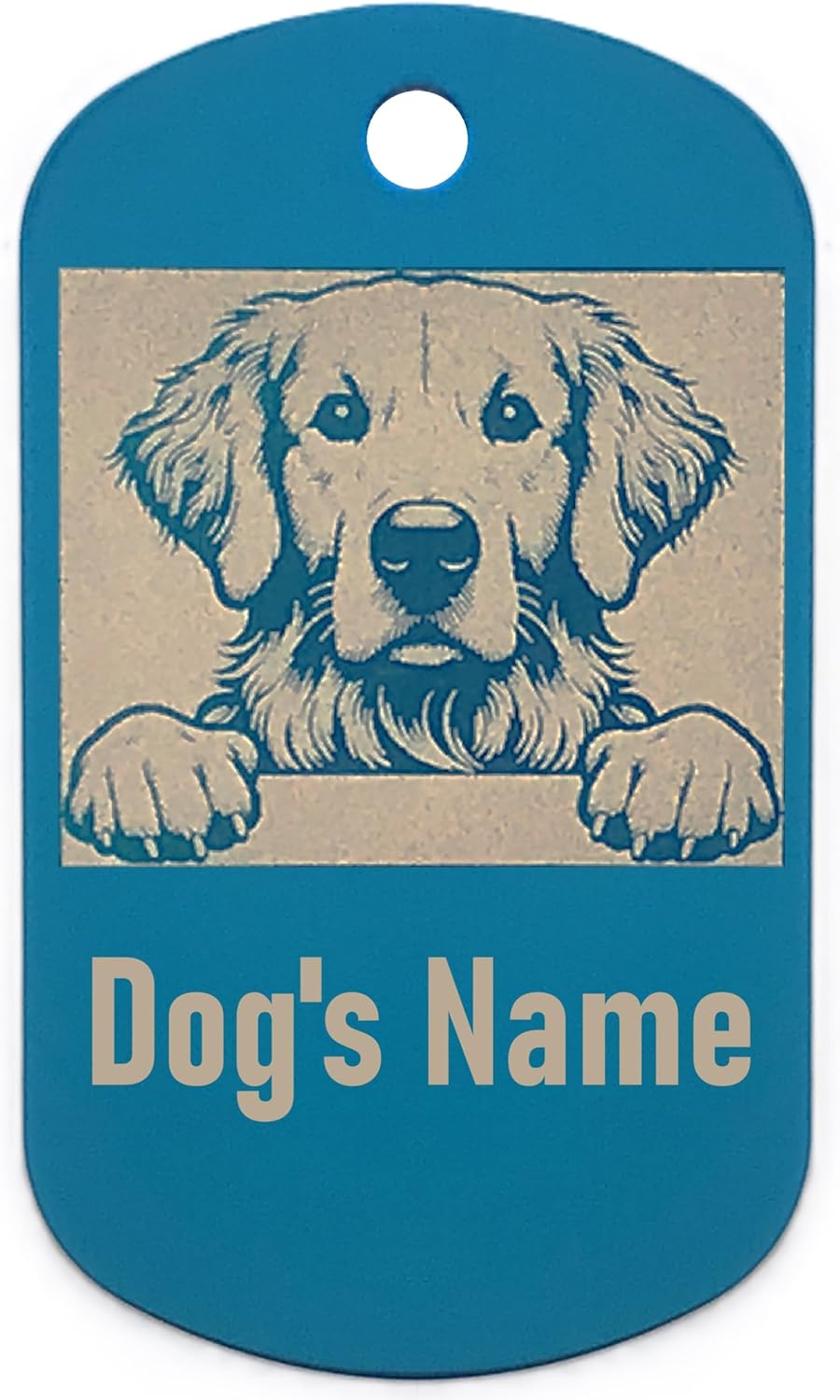 Military style dog name tag with a golden retriever illustration and space for 'Dog's Name' on a blue background