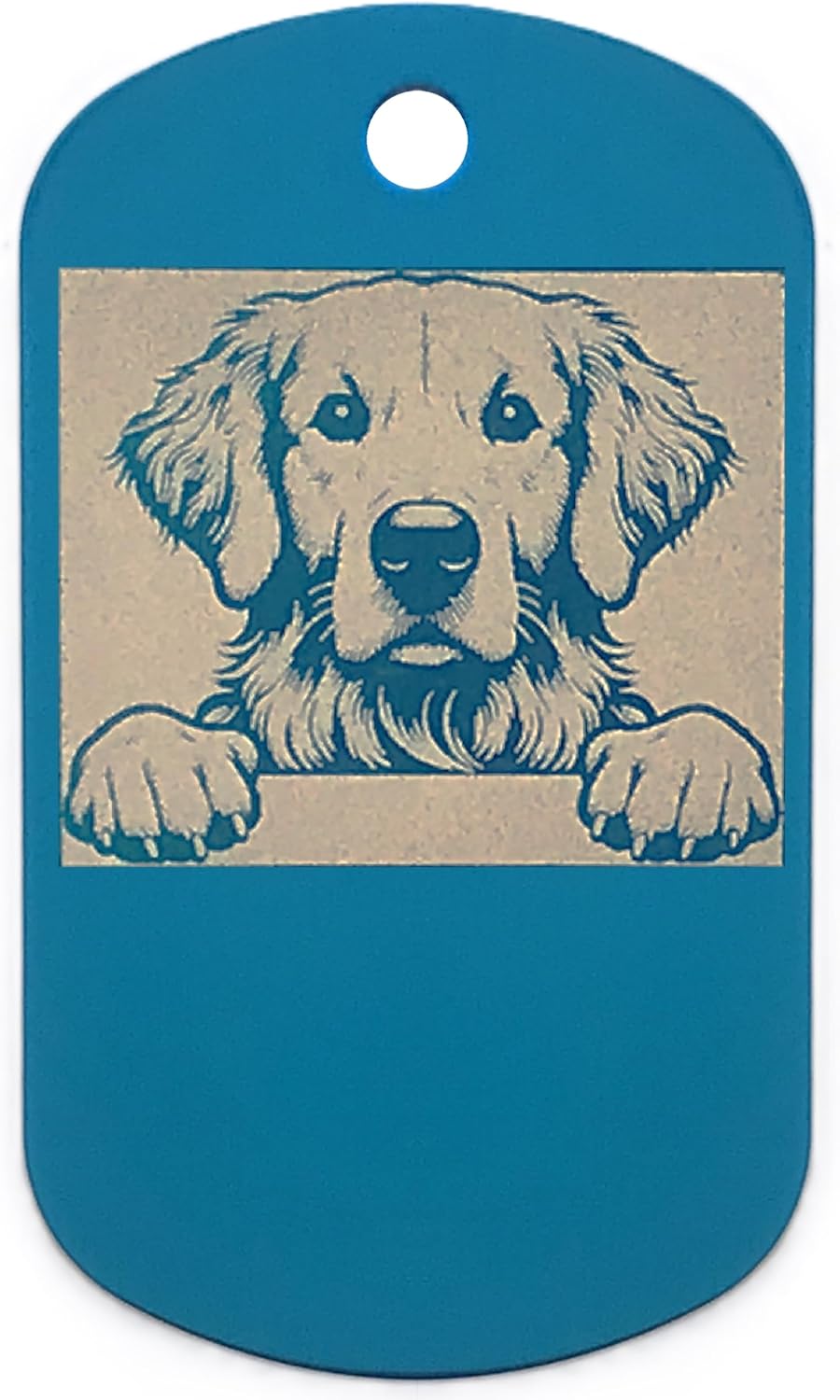 Blue military style dog tag with a printed image of a dog on a white background