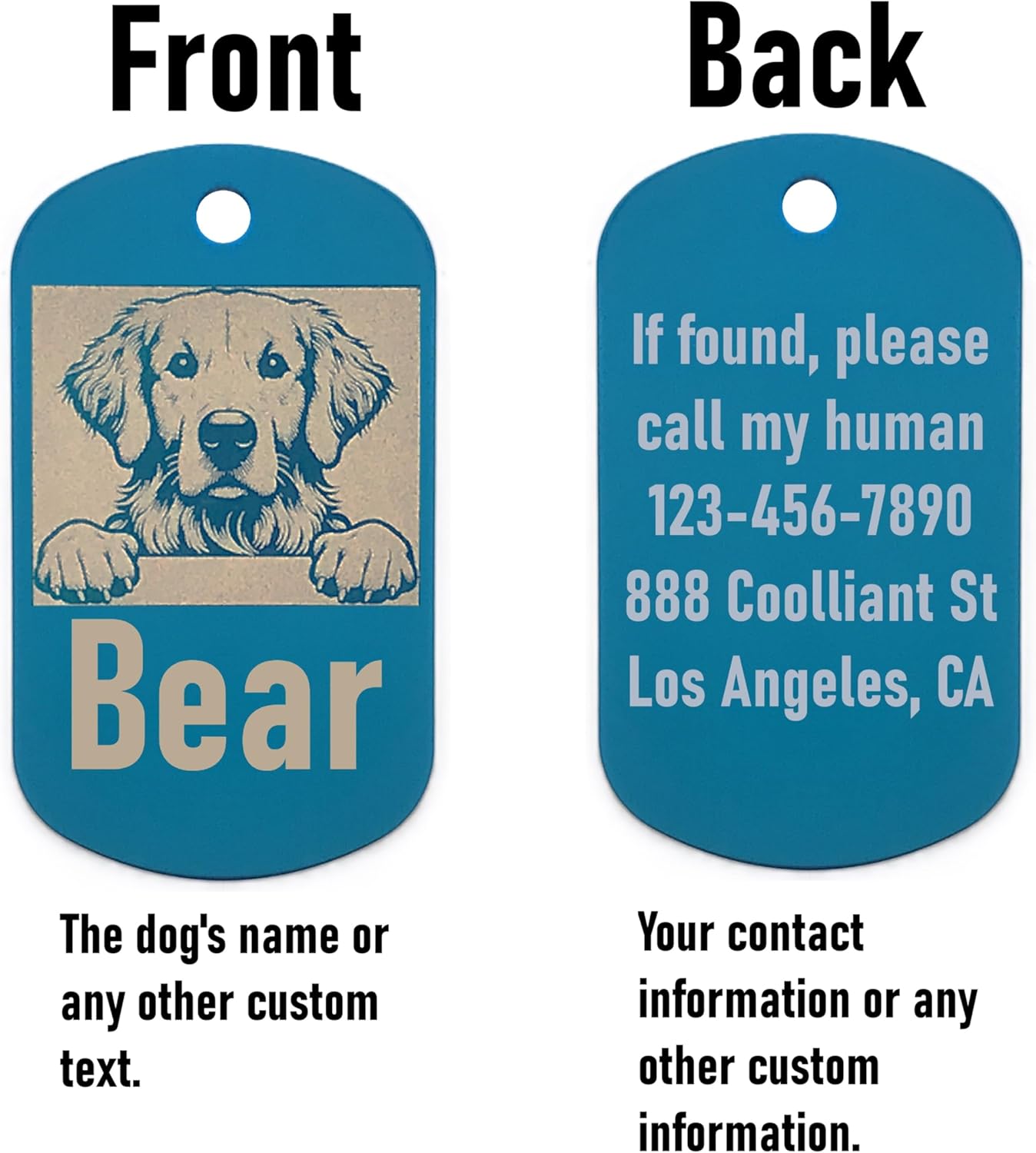 Military style dog id tag with front and back views showing a dog illustration and customizable text.