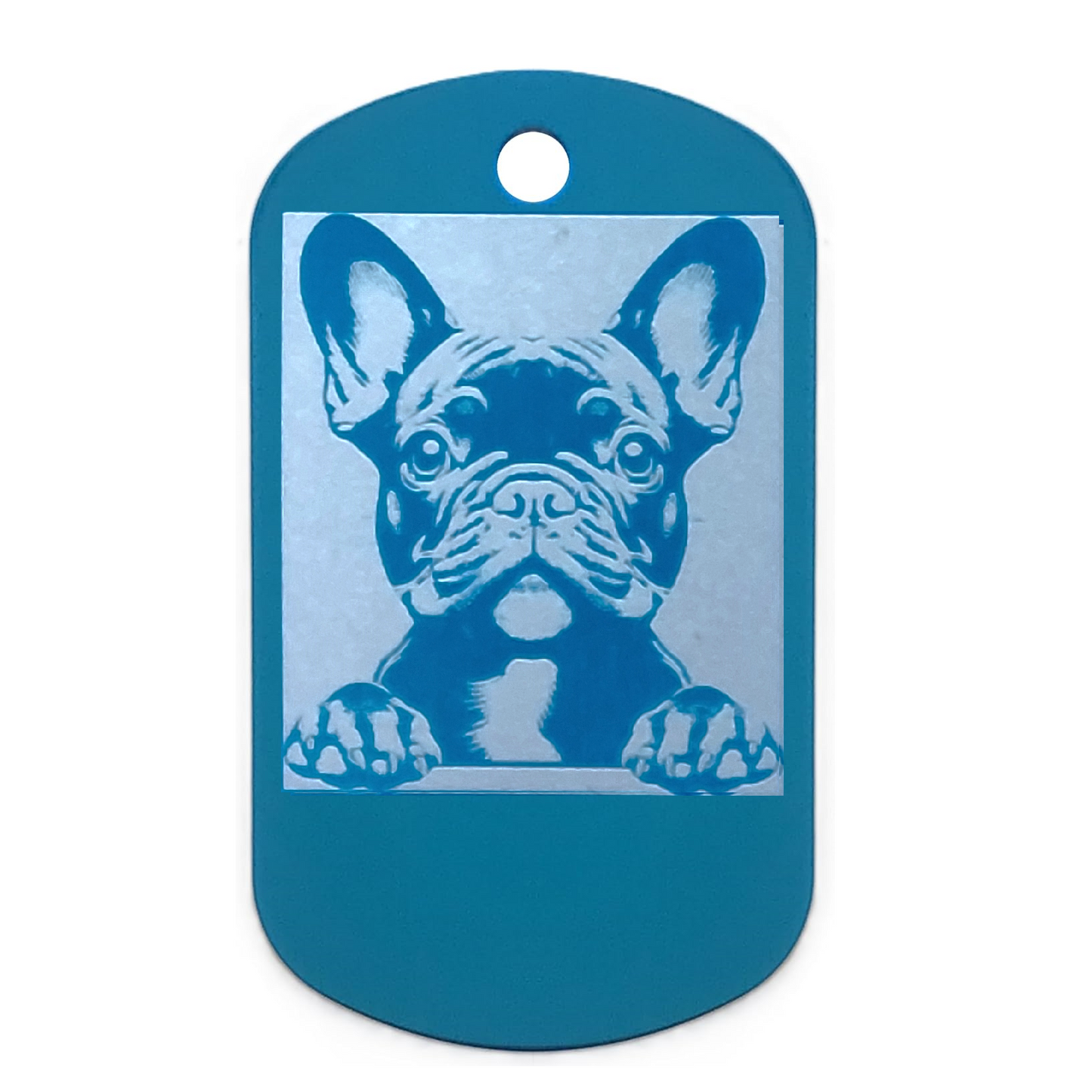 Blue dog id tag with a French Bulldog design on a white background