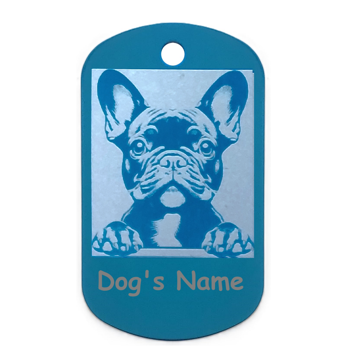 Blue dog tag with a French Bulldog illustration and 'Dog's Name' text on a white background