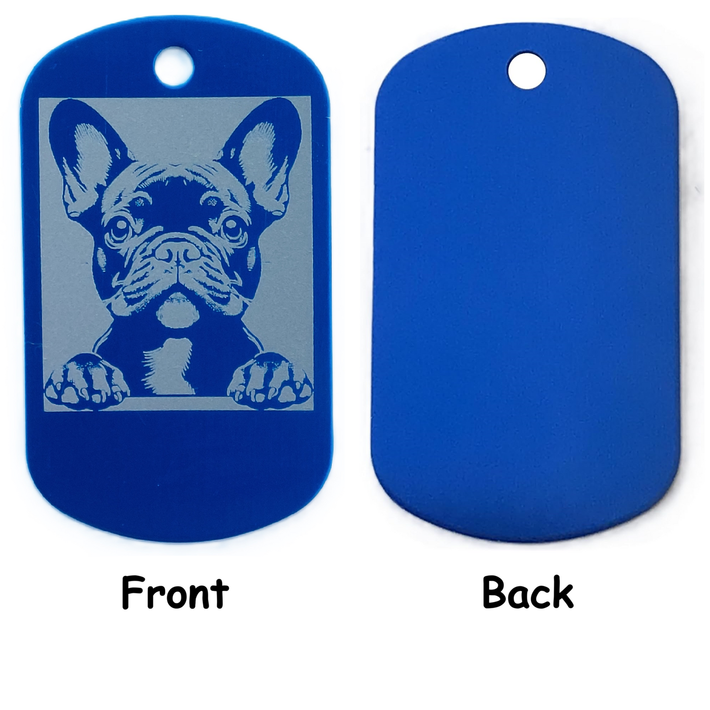 Blue dog tag with a French Bulldog illustration on one side and plain blue on the other, shown from front and back views.