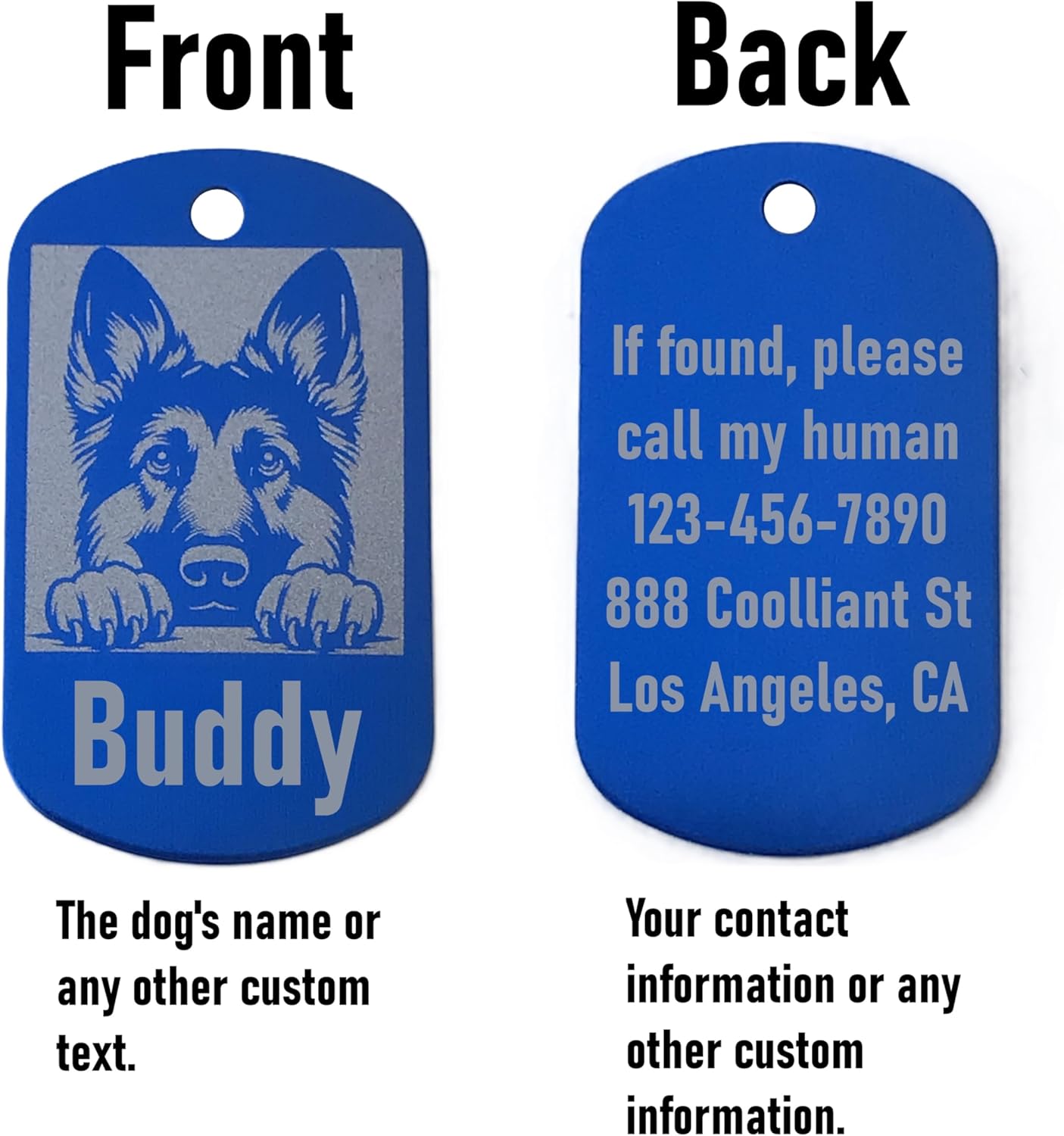 Dark Blue dog id tag with a dog's face on one side and text on the other, showing both front and back views.