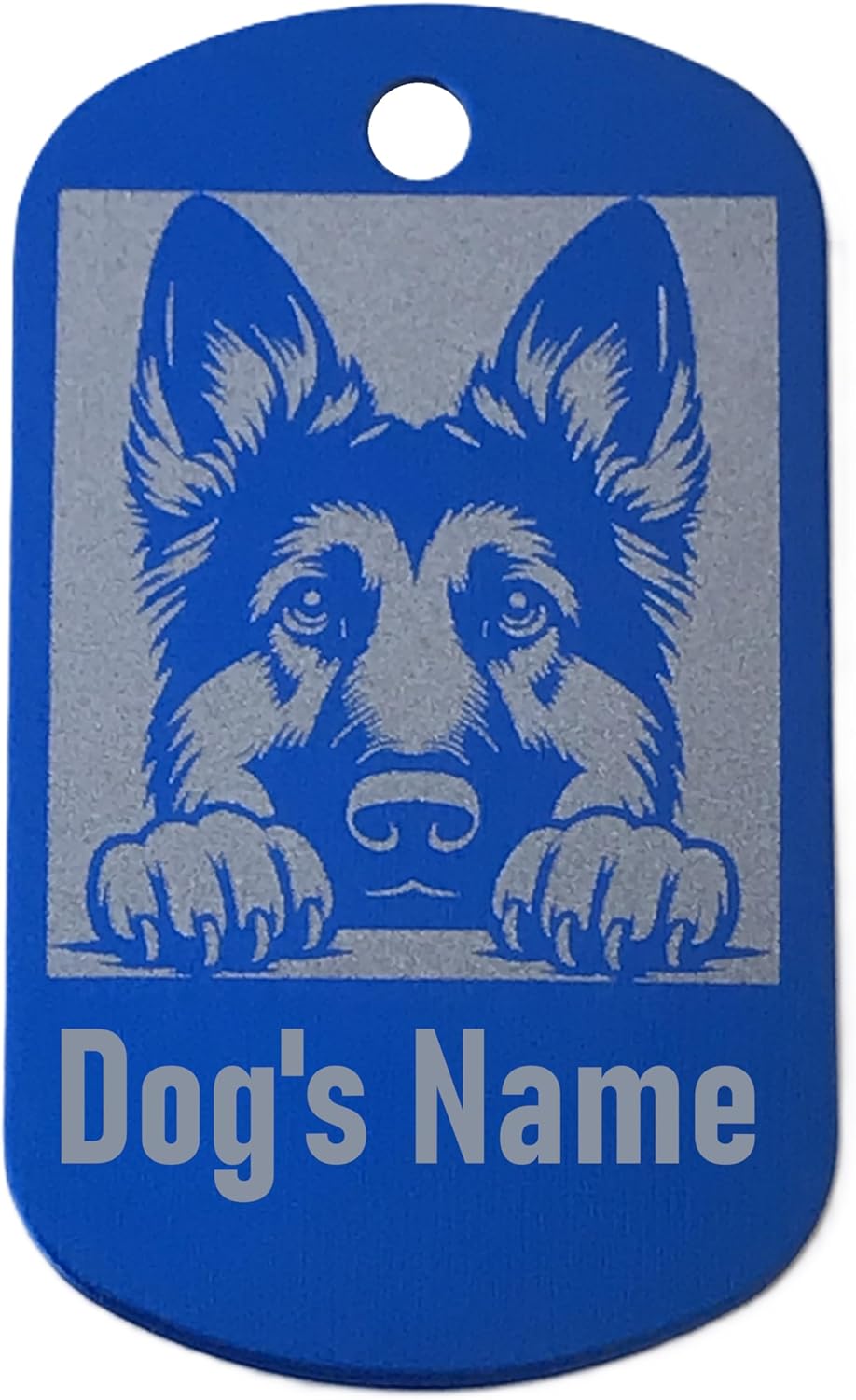 Dark blue military style pet name tag with a dog illustration and space for 'Dog's Name' text