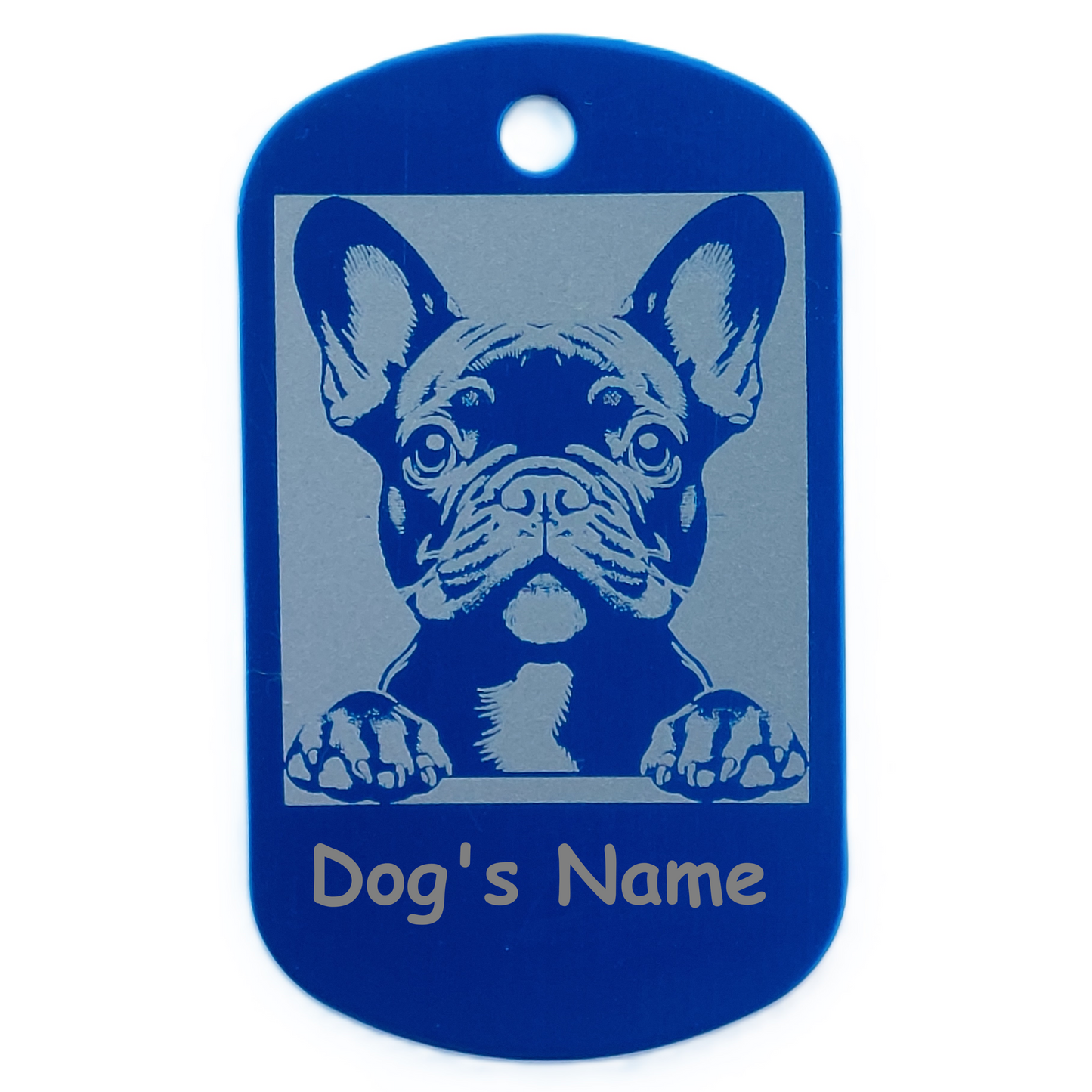 Blue dog name tag with a French Bulldog illustration and space for 'Dog's Name' on a white background