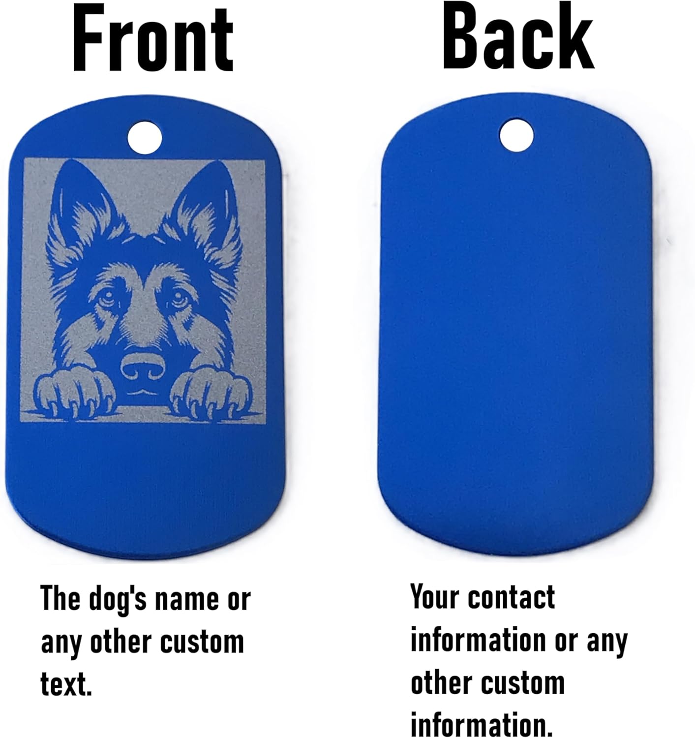 Military style dark blue dog id tag with a German Shepherd design on the front and text space on the back, on a white background.