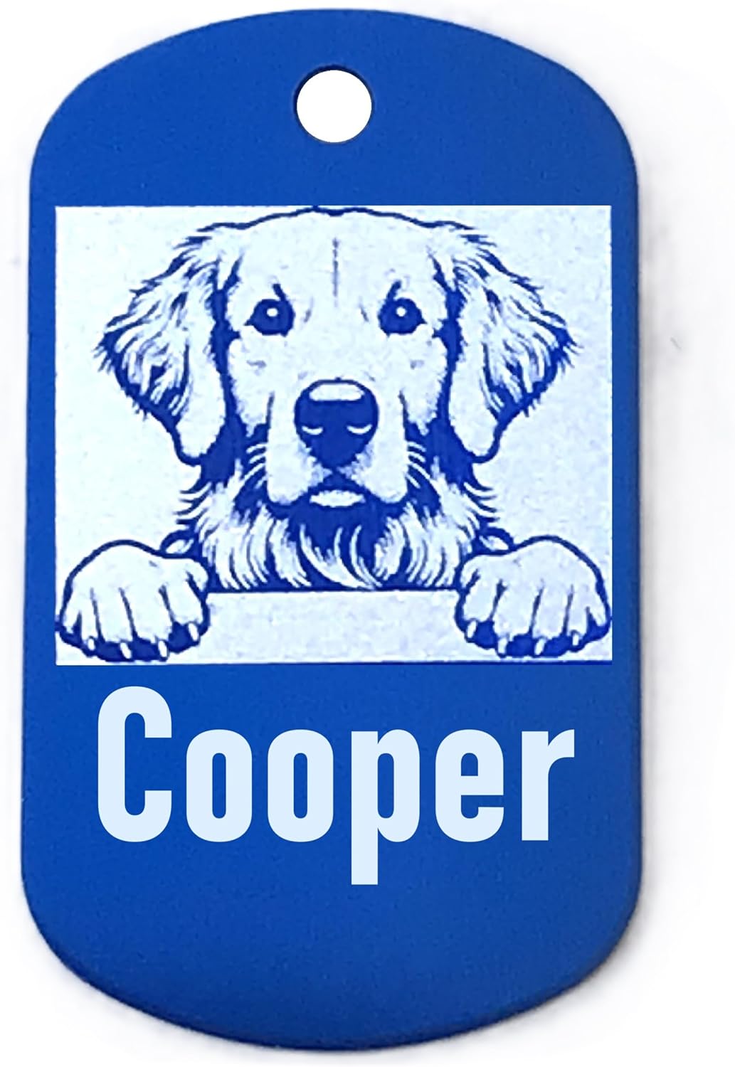 Dark blue military style dog name tag with a blue dog illustration and 'Cooper' text on a white background