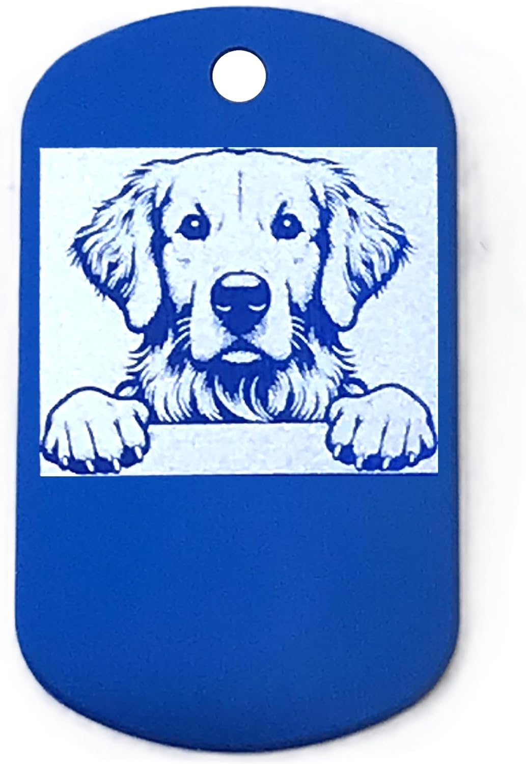 Dark blue military style dog tag with a blue dog illustration on a white background