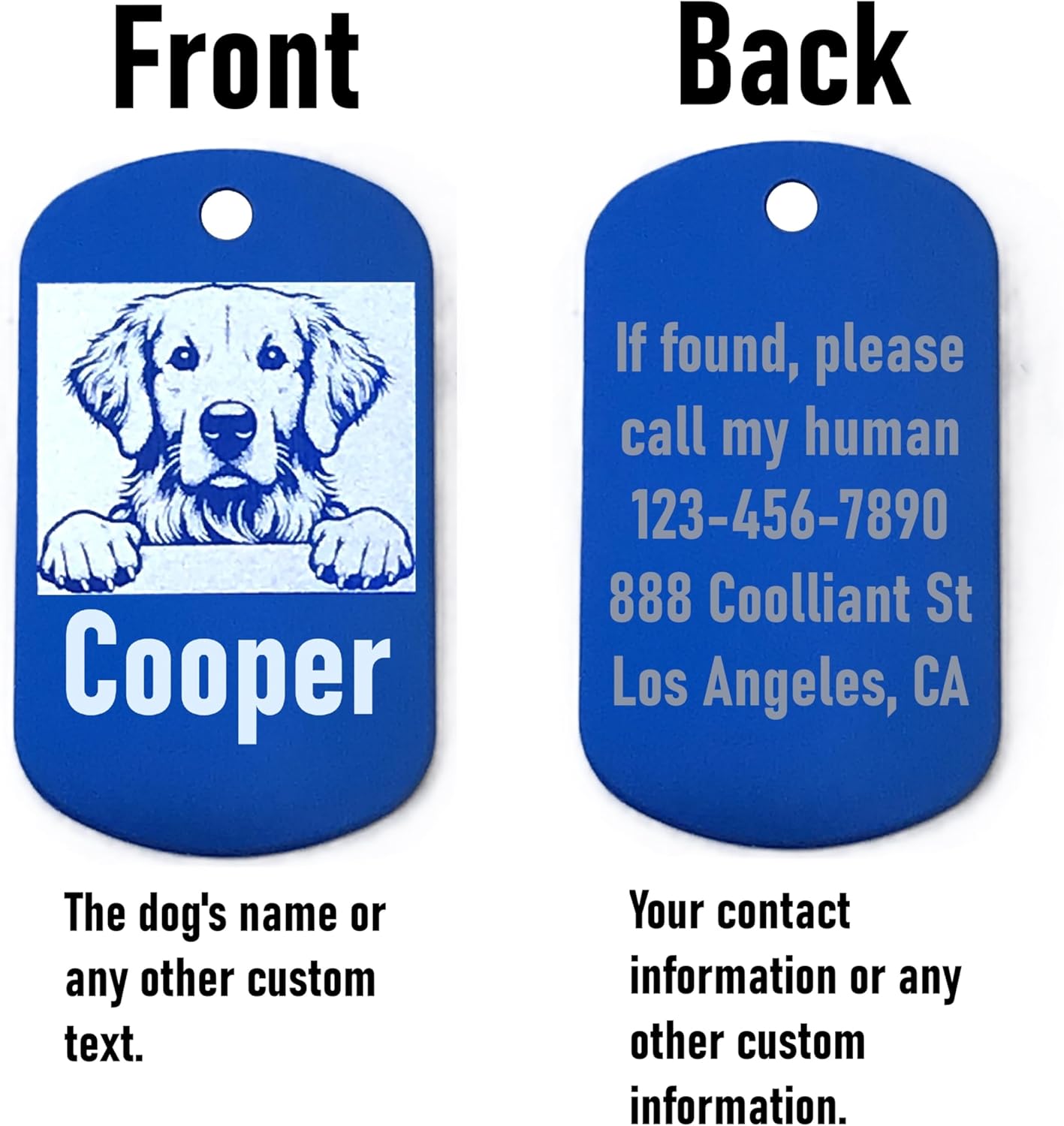 Dark blue military style dog id tag with a picture of a dog and text on front and back