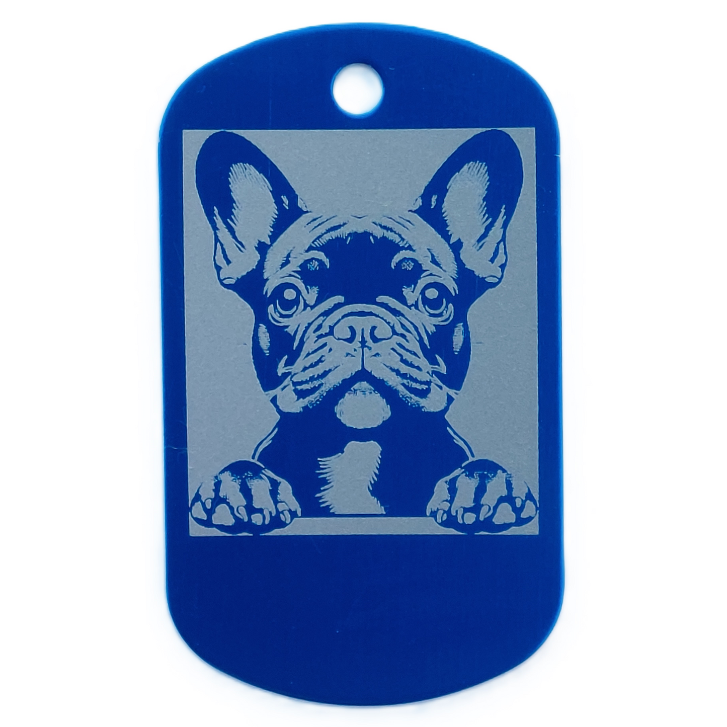 Dark Blue dog id tag with a French Bulldog illustration on a white background