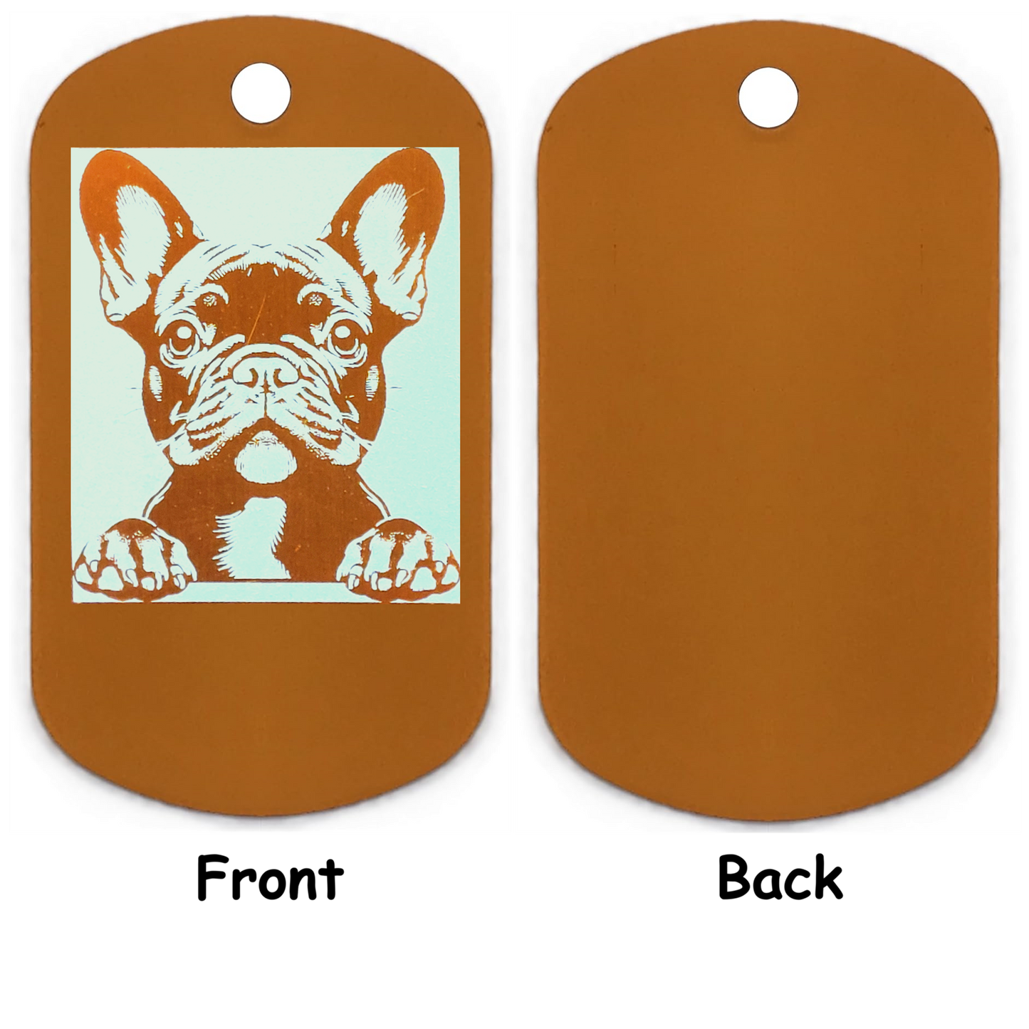 Dog tag with a French Bulldog illustration on the front and plain back
