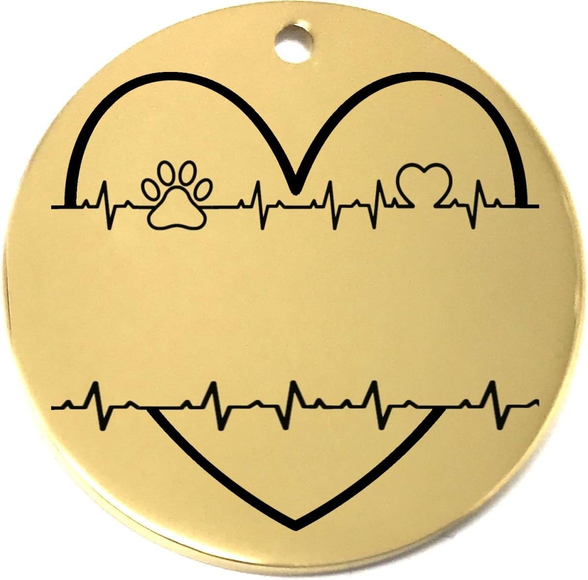 Gold pet tag with heart design, paw print, and heartbeat lines on a white background