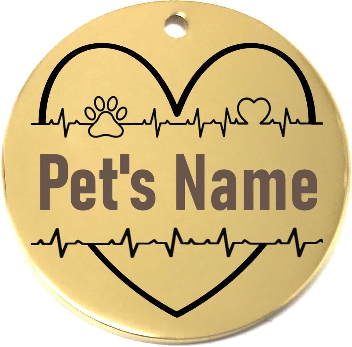 Gold pet id tag with heart design, paw print, and space for 'Pet's Name' on a white background