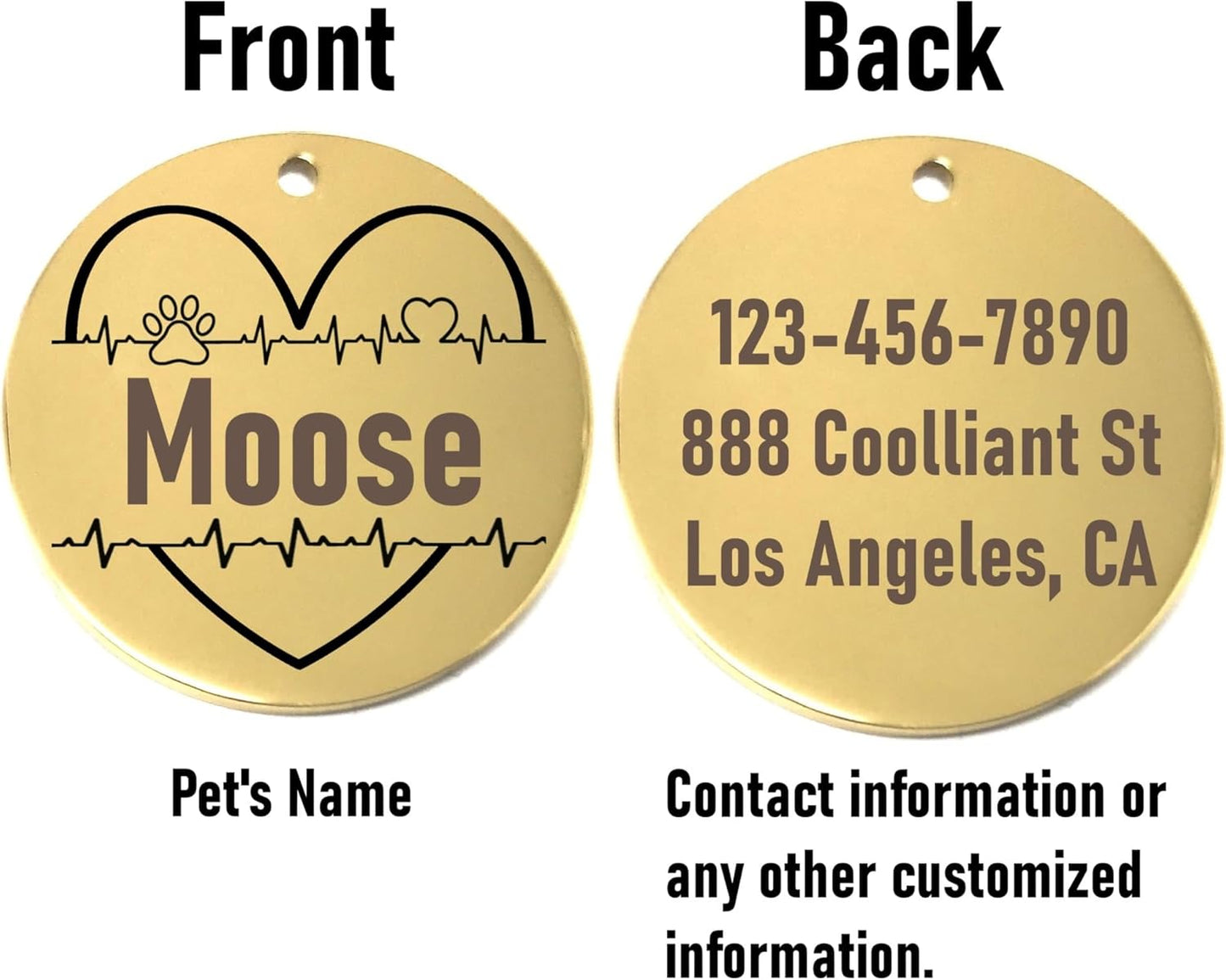 Gold pet id tag with 'Moose' on one side and contact information on the other, labeled 'Front' and 'Back'.