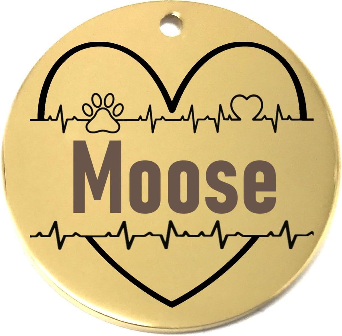Gold pet tag with 'Moose' engraved, heart design, and paw print on a white background