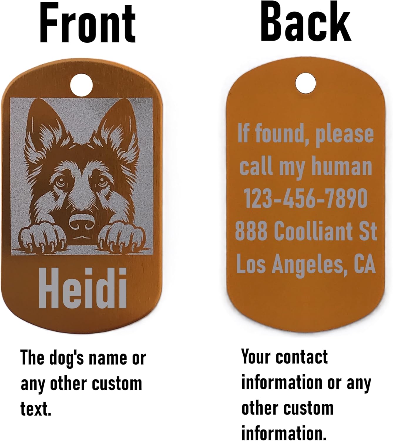 Dog tag with front and back views showing a German Shepherd illustration and customizable text.