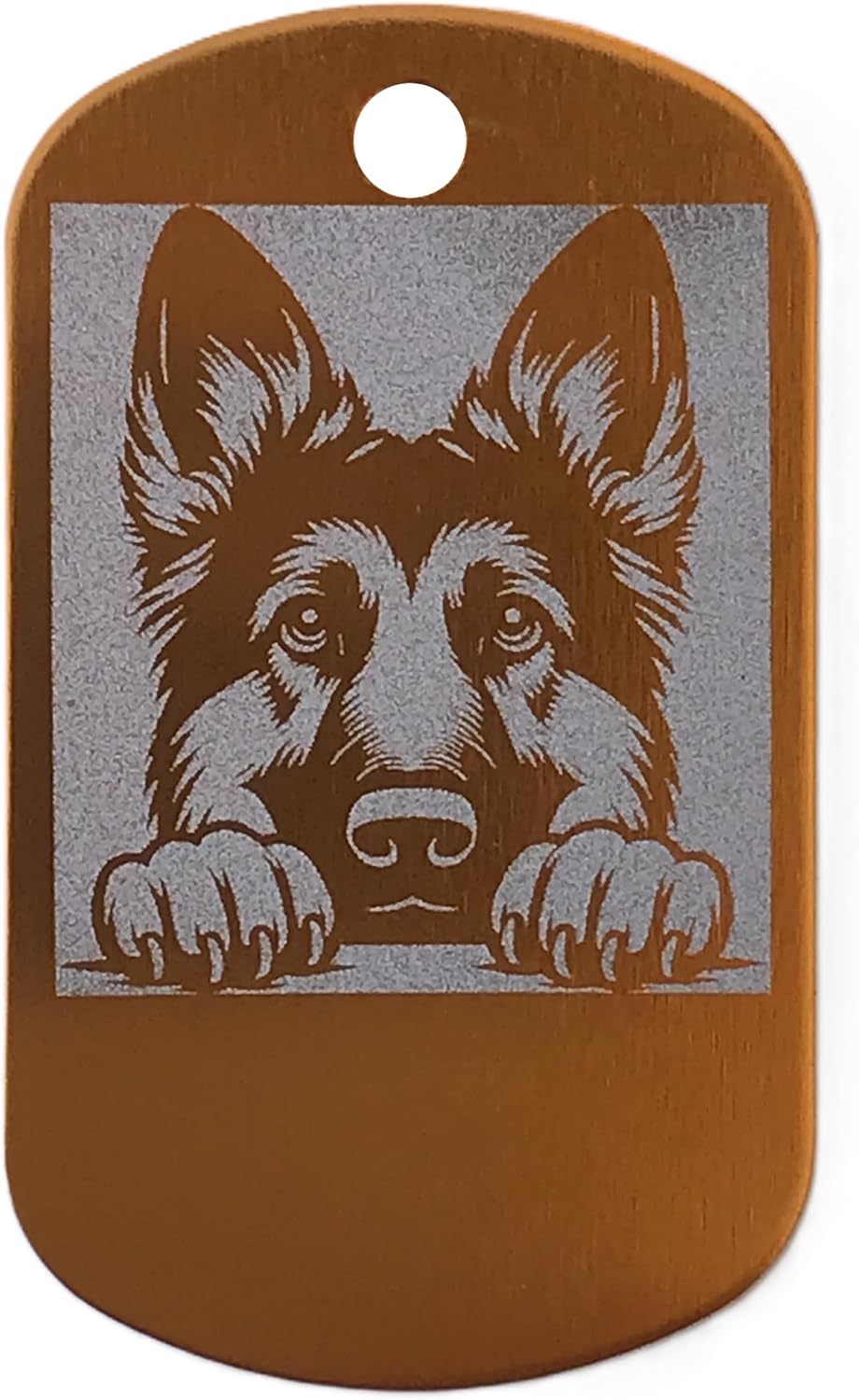 Dog id tag with a engraved image of a German Shepherd on a gold background