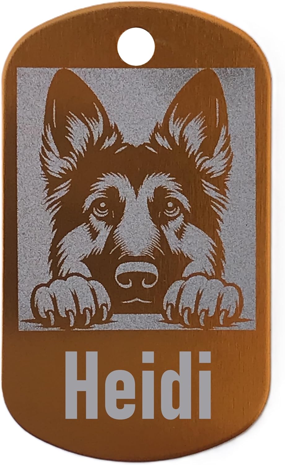 Military style dog tag with a German Shepherd illustration and the name 'Heidi' on a gold background.