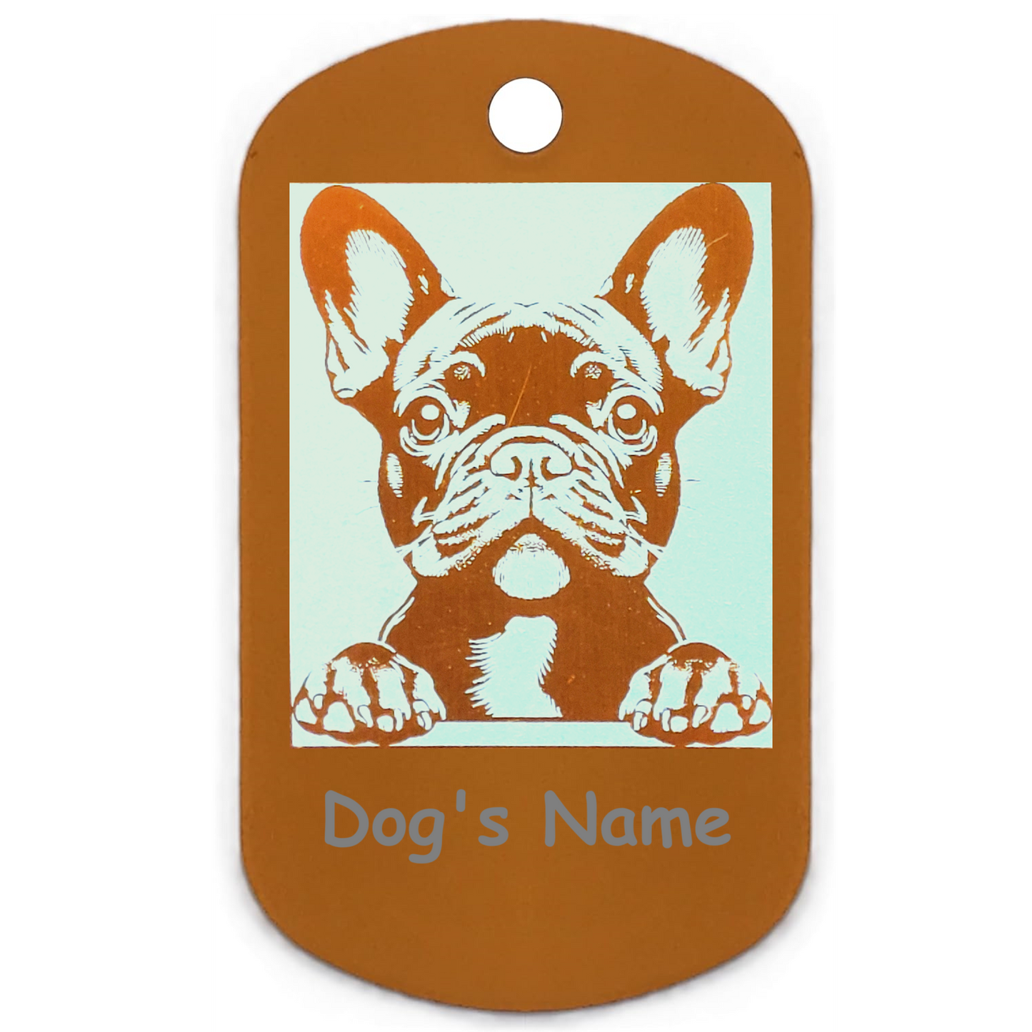 Dog name tag with a French Bulldog illustration and space for 'Dog's Name' on a white background