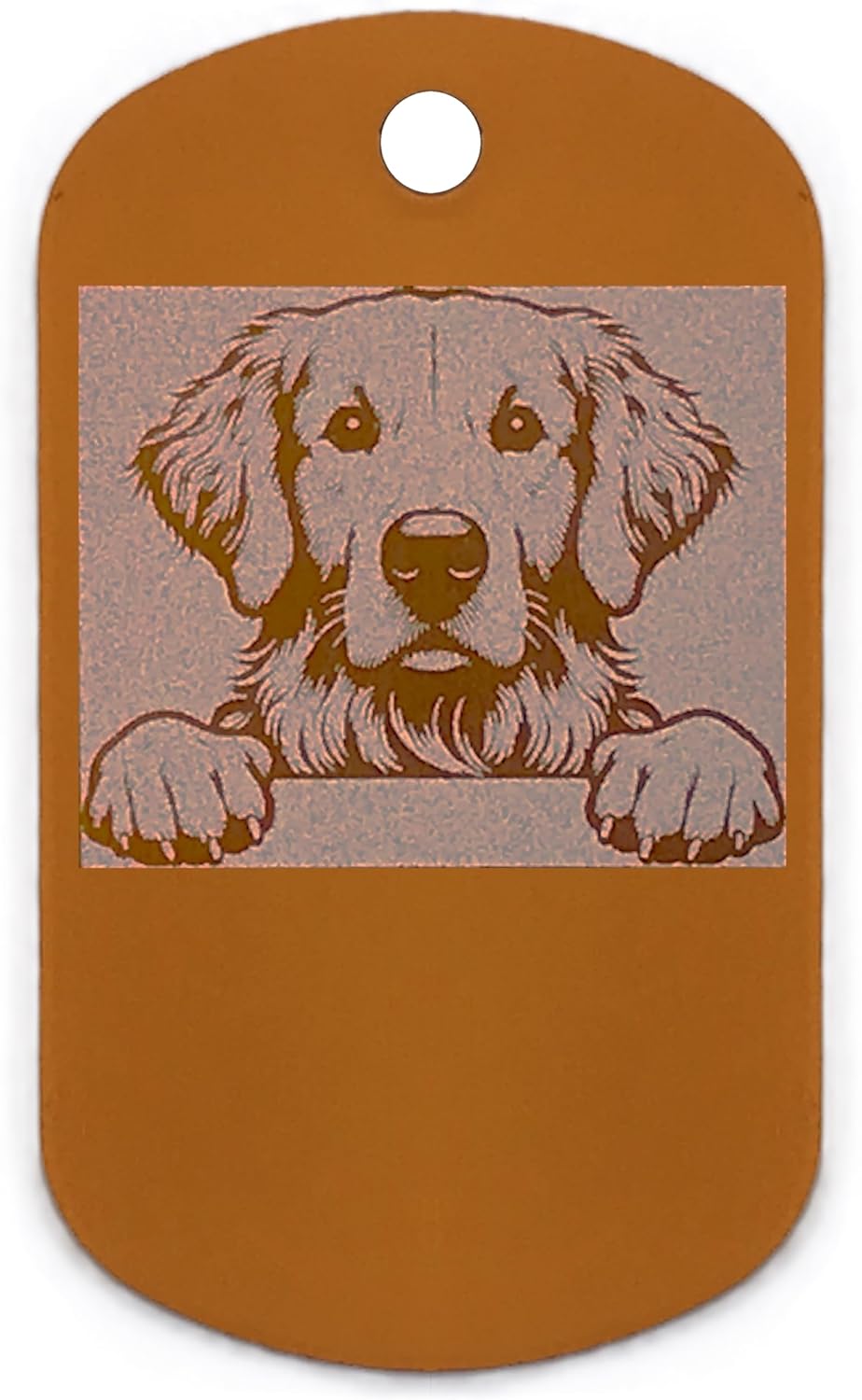 Military style dog tag with a golden retriever design on a gold background