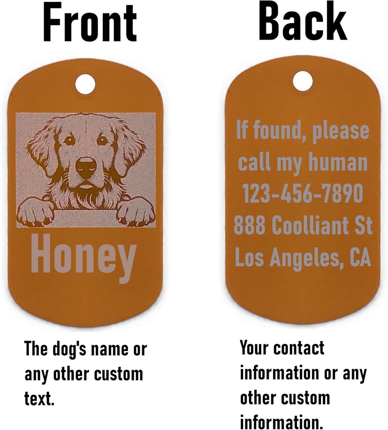 Military style dog id tag with front and back views showing a dog's name, contact information, and a dog illustration.