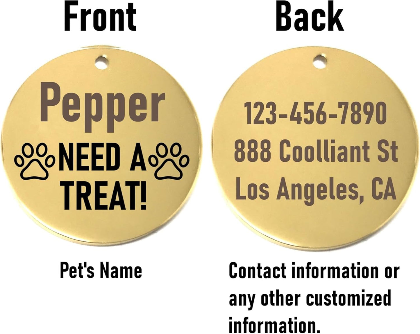 Gold dog id tag with pet's name and contact information on a white background