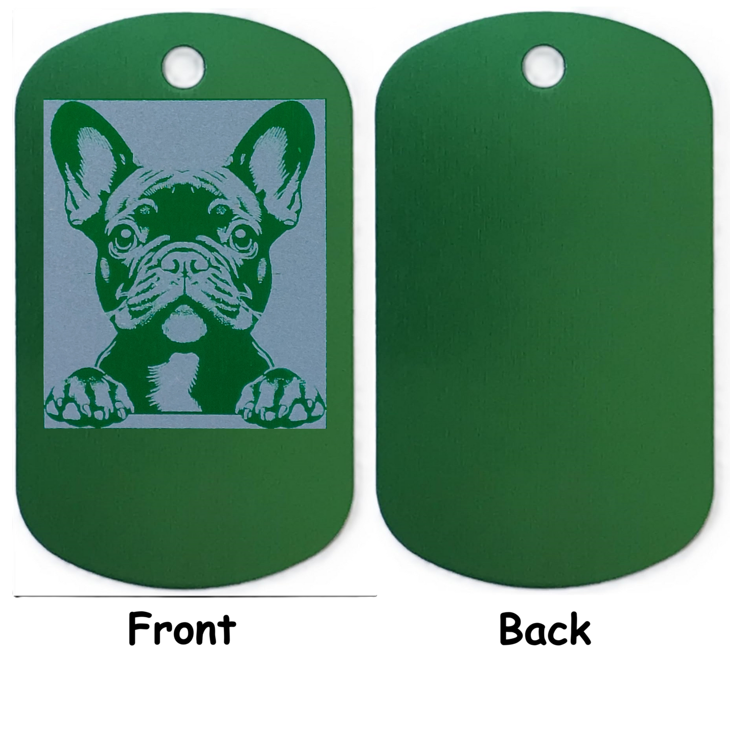 Green dog tag with a French Bulldog design on the front, shown from both sides.