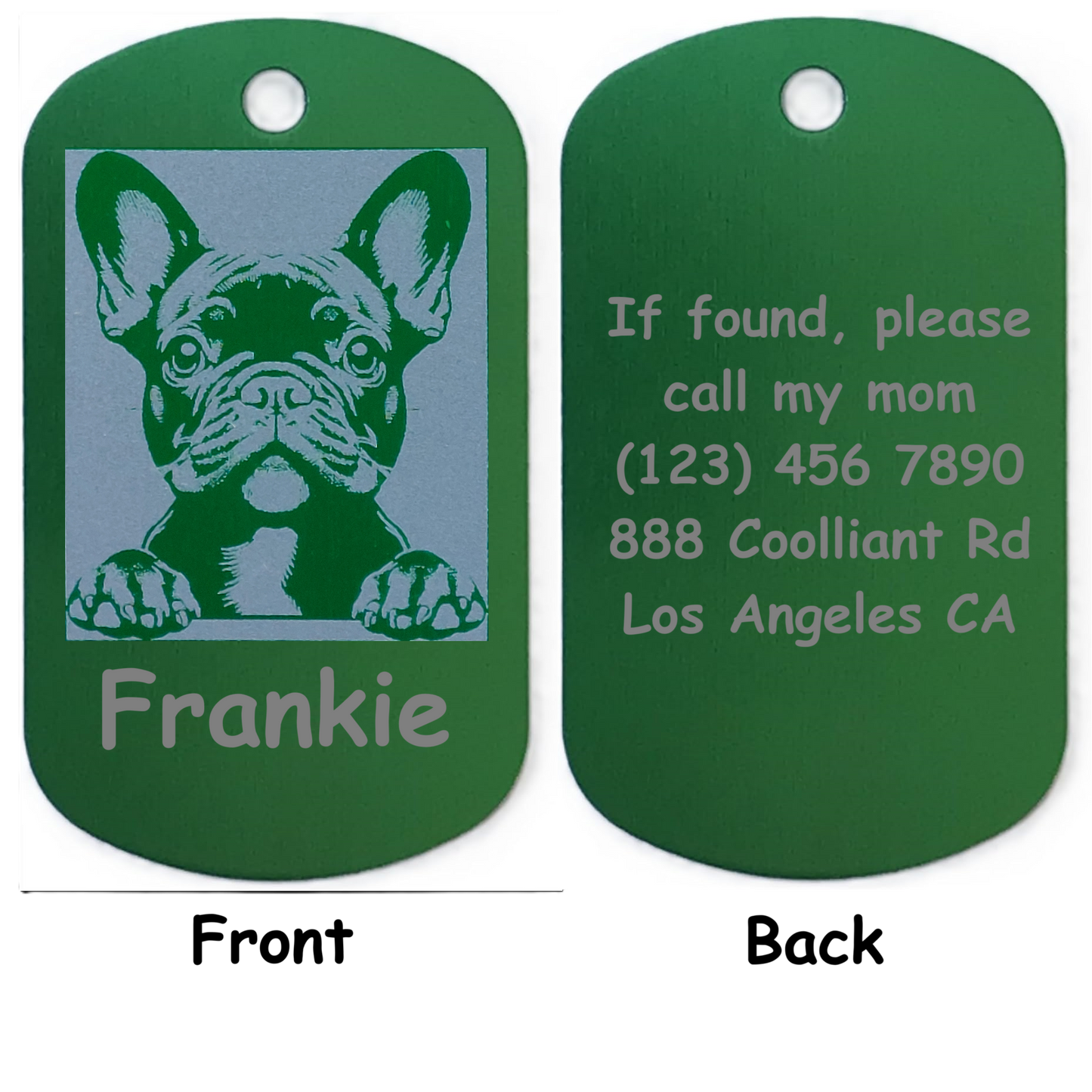 Green pet tag with a dog illustration and contact information on a white background
