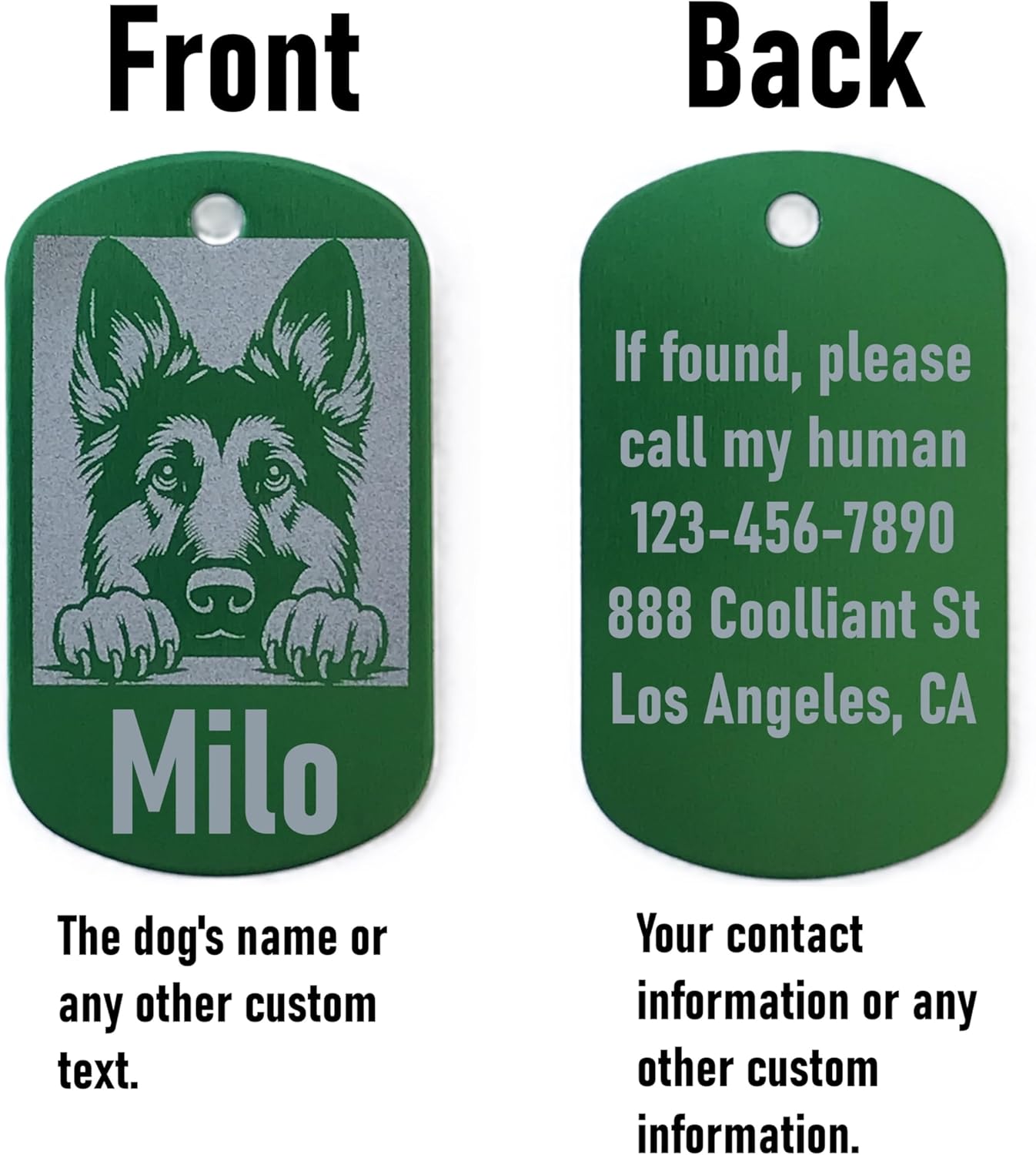 Green dog name tag with a German Shepherd illustration on the front and contact information on the back.