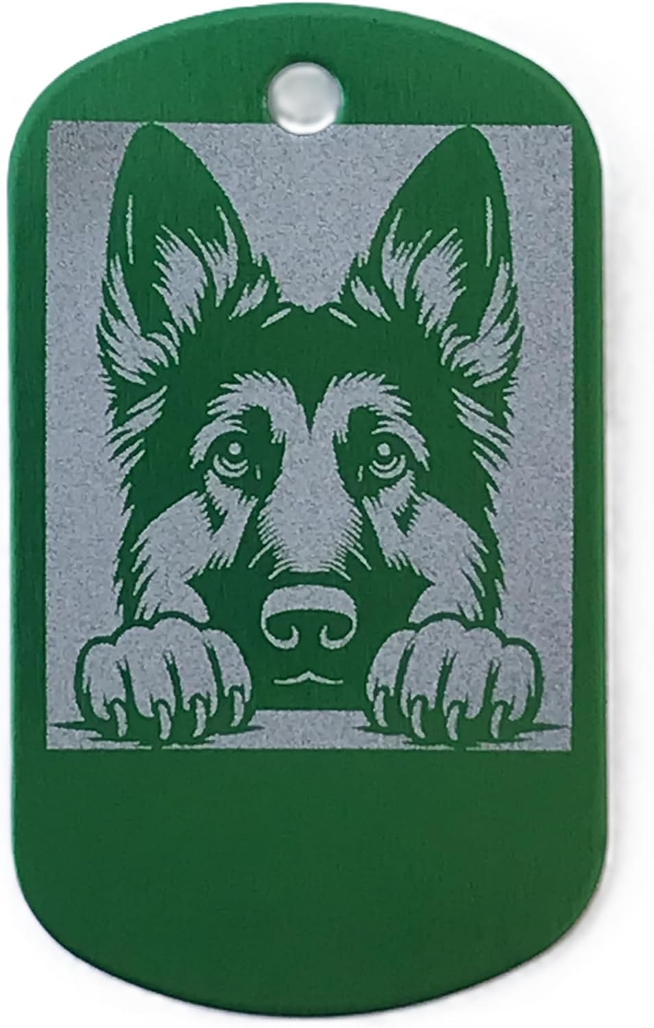 Green dog tag with a gray dog illustration on a white background