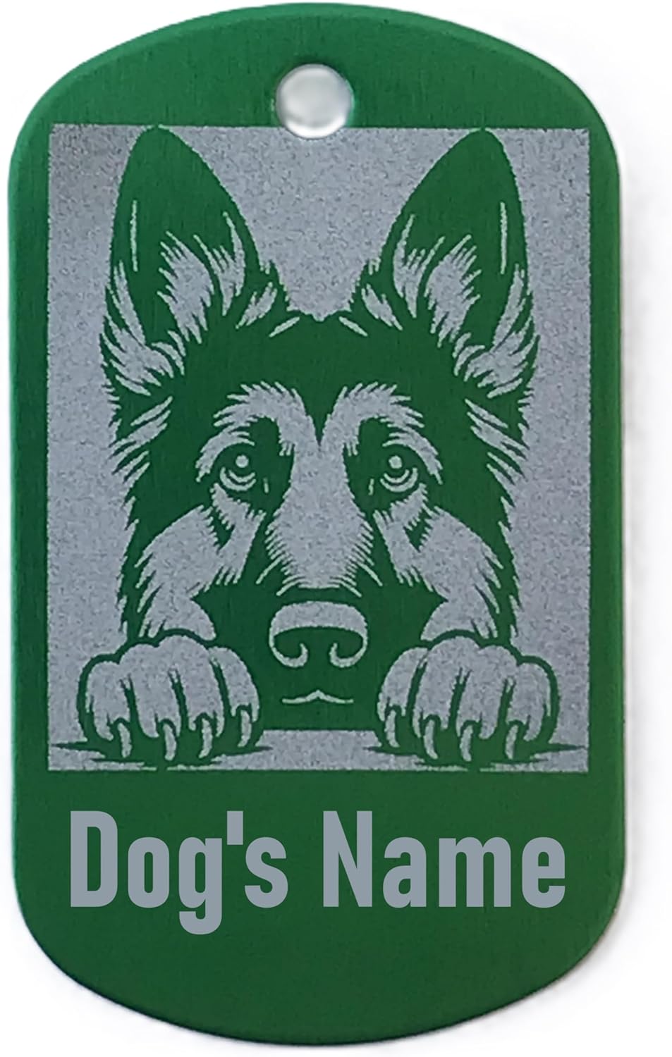Military style dog tag with a German Shepherd design and space for 'Dog's Name' text on a green background.