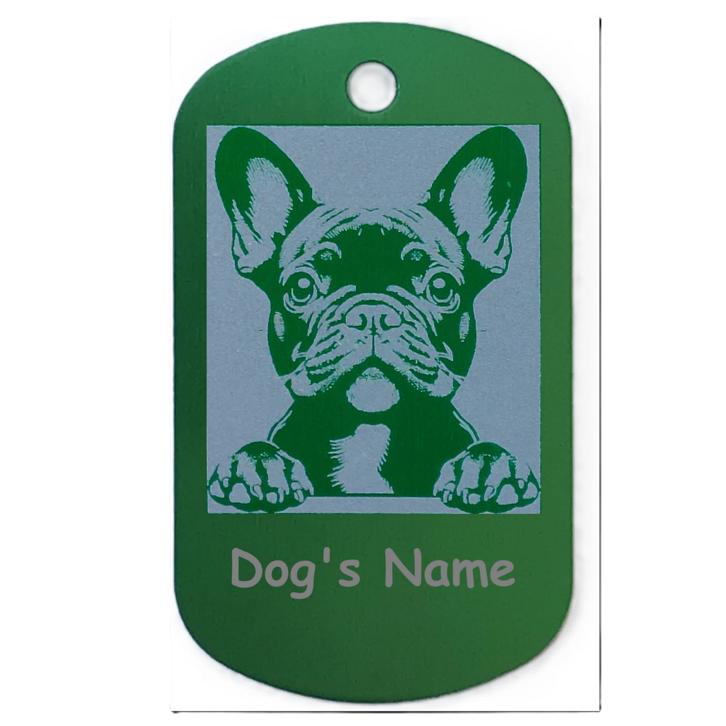 Dog name tag with a French Bulldog illustration and space for 'Dog's Name' on a green border.
