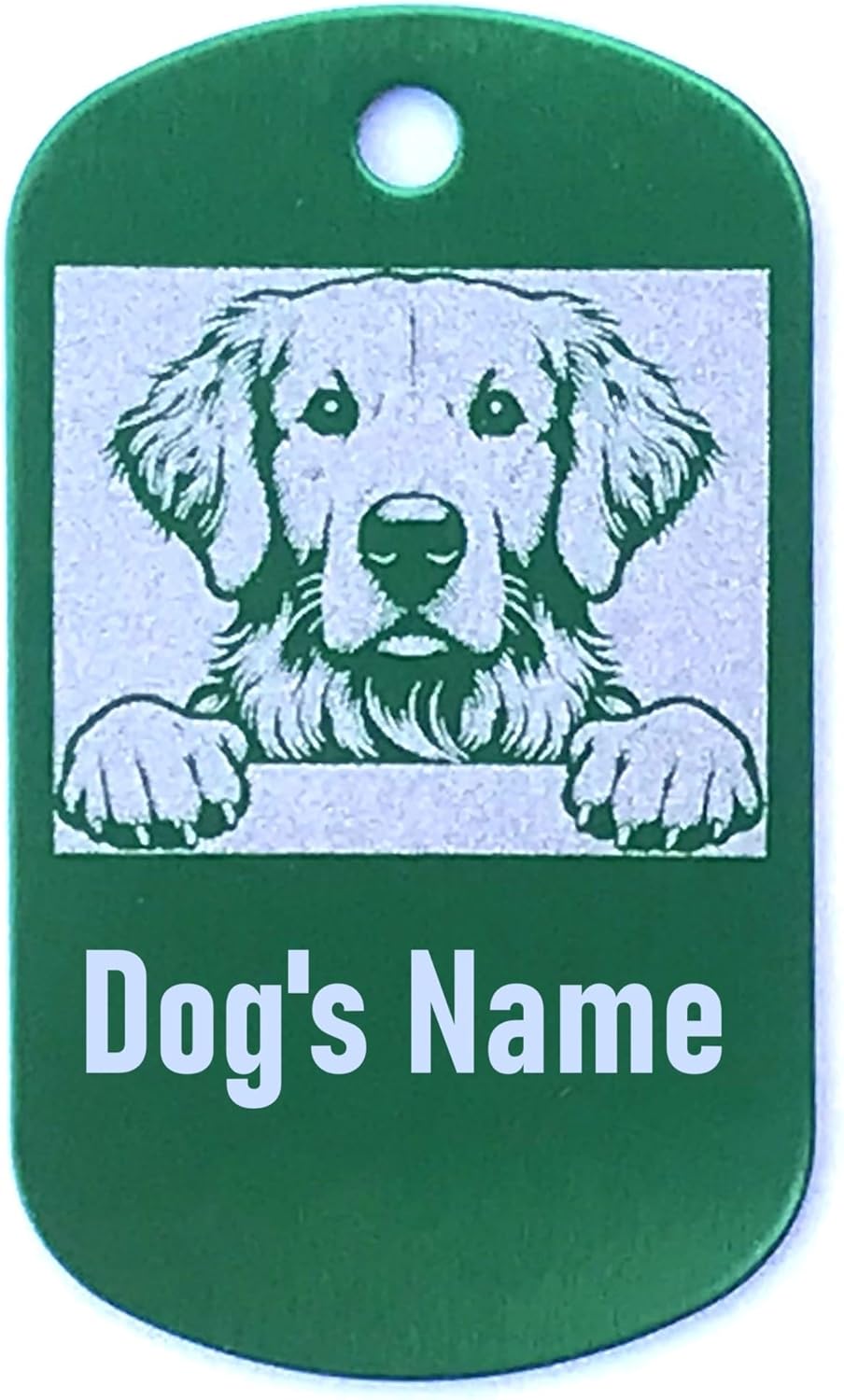 Green military style dog name tag with a printed image of a dog and space for 'Dog's Name'.