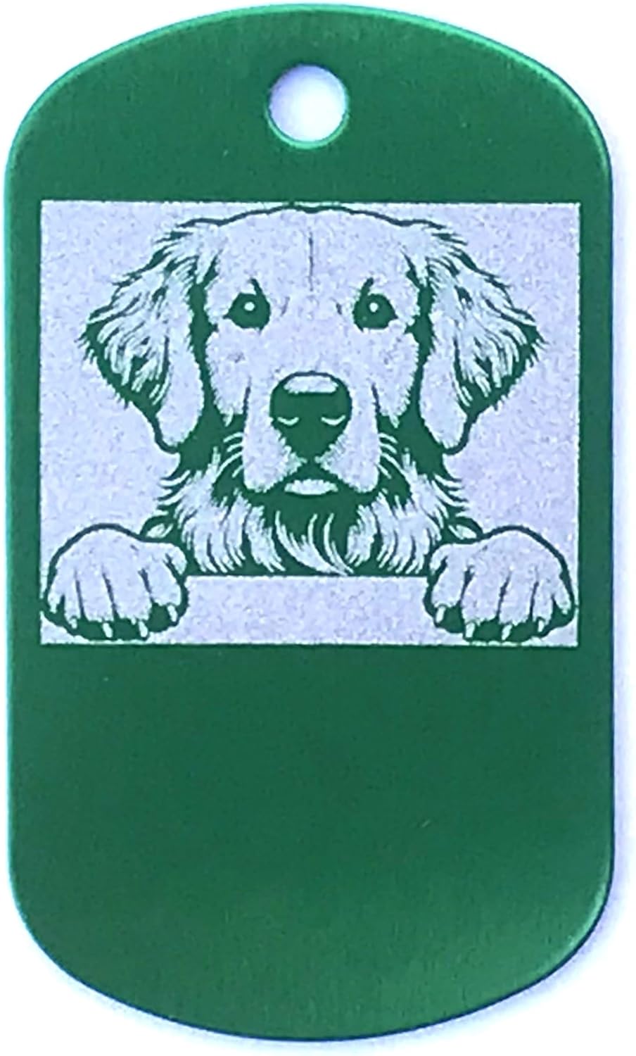Green military style dog tag with a white dog illustration on a white background