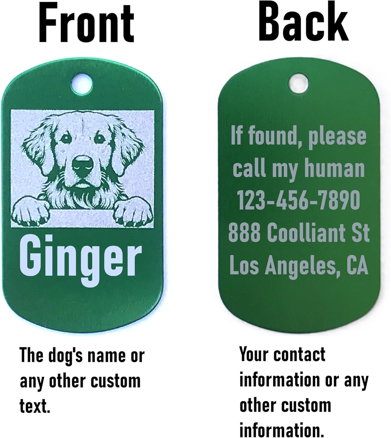 Green military style dog id tag with a dog illustration on the front and text on the back