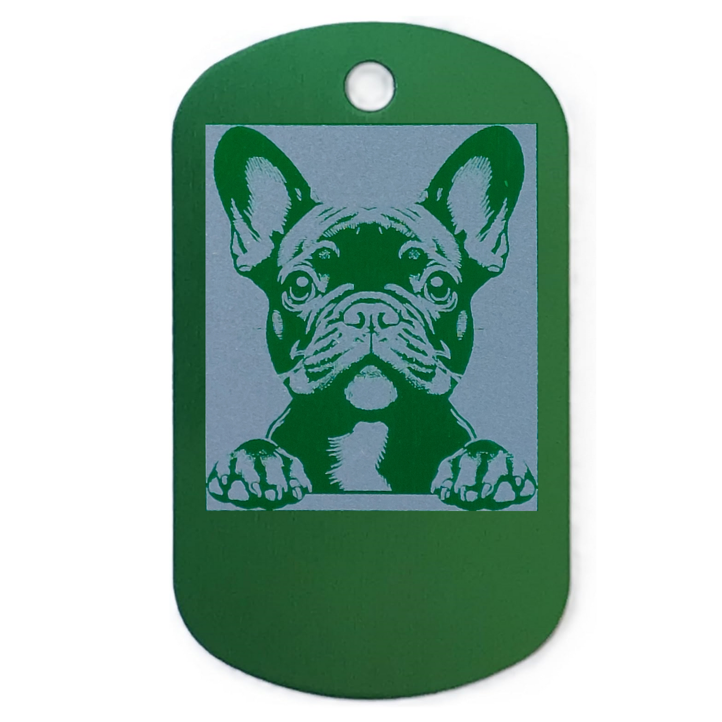 Green dog id tag with a printed image of a dog on a white background